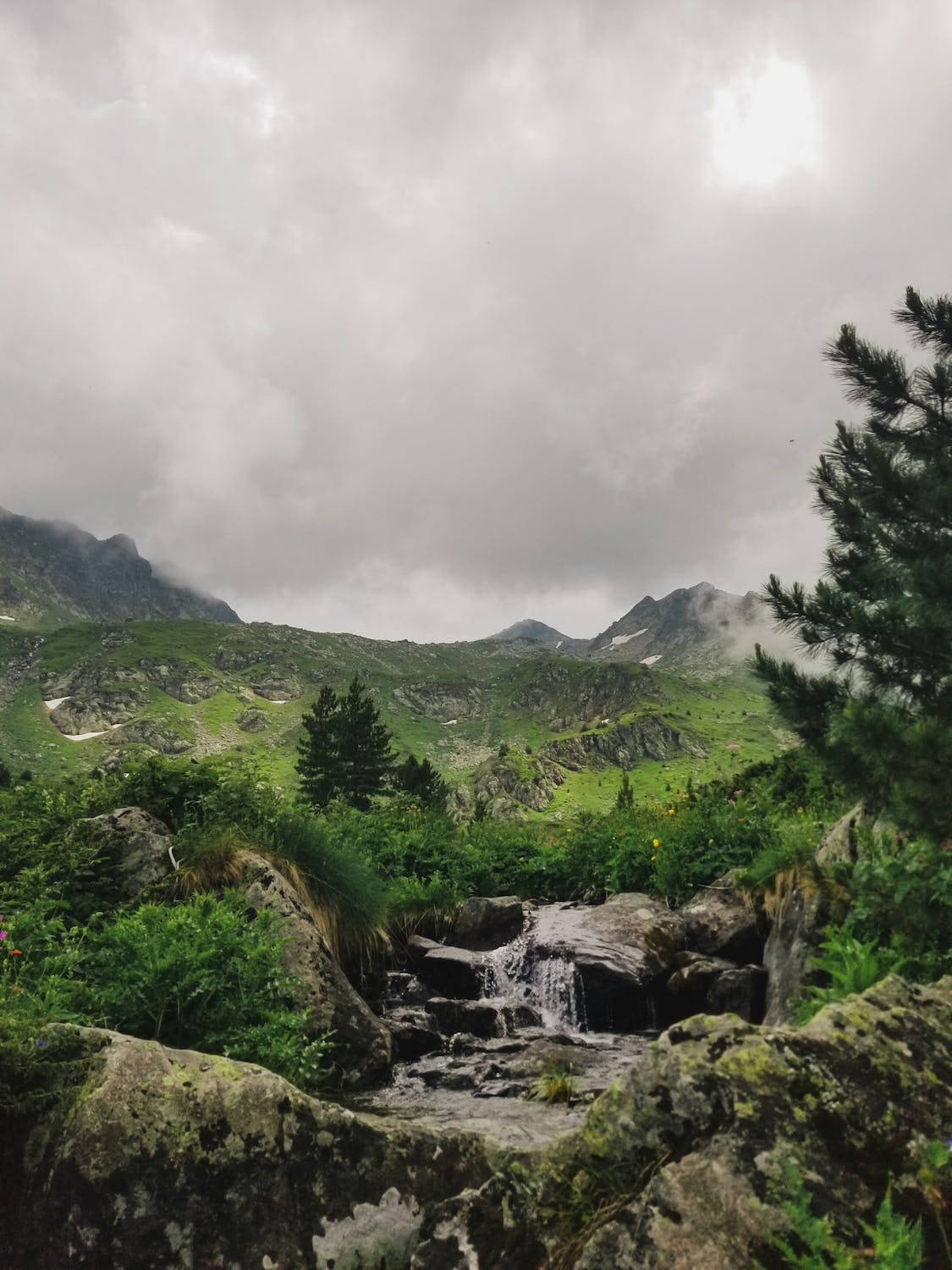 一條小瀑布流經岩石嶙峋的山谷，兩旁綠樹成蔭，山頂雲霧繚繞。