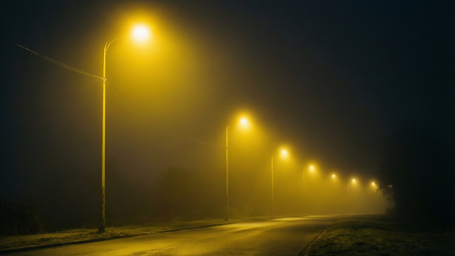 夜晚一條昏暗的道路，路燈穿過濃霧閃爍。