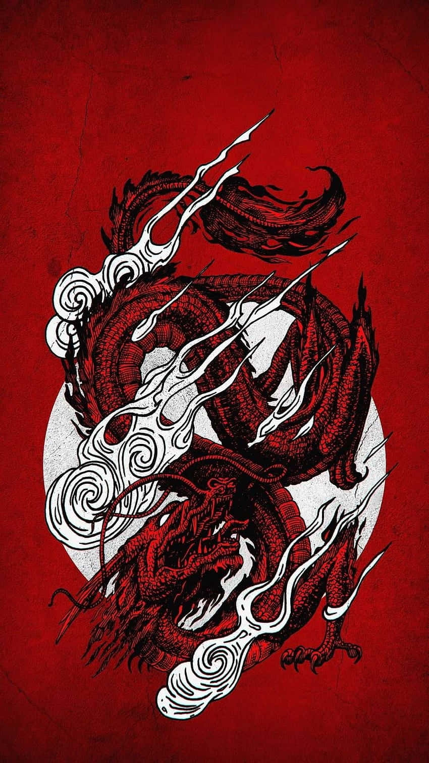  壁紙 — 一條兇猛的紅龍纏繞著一個白色圓圈，背景是帶有紋理的深紅色背景和旋轉的白雲。
