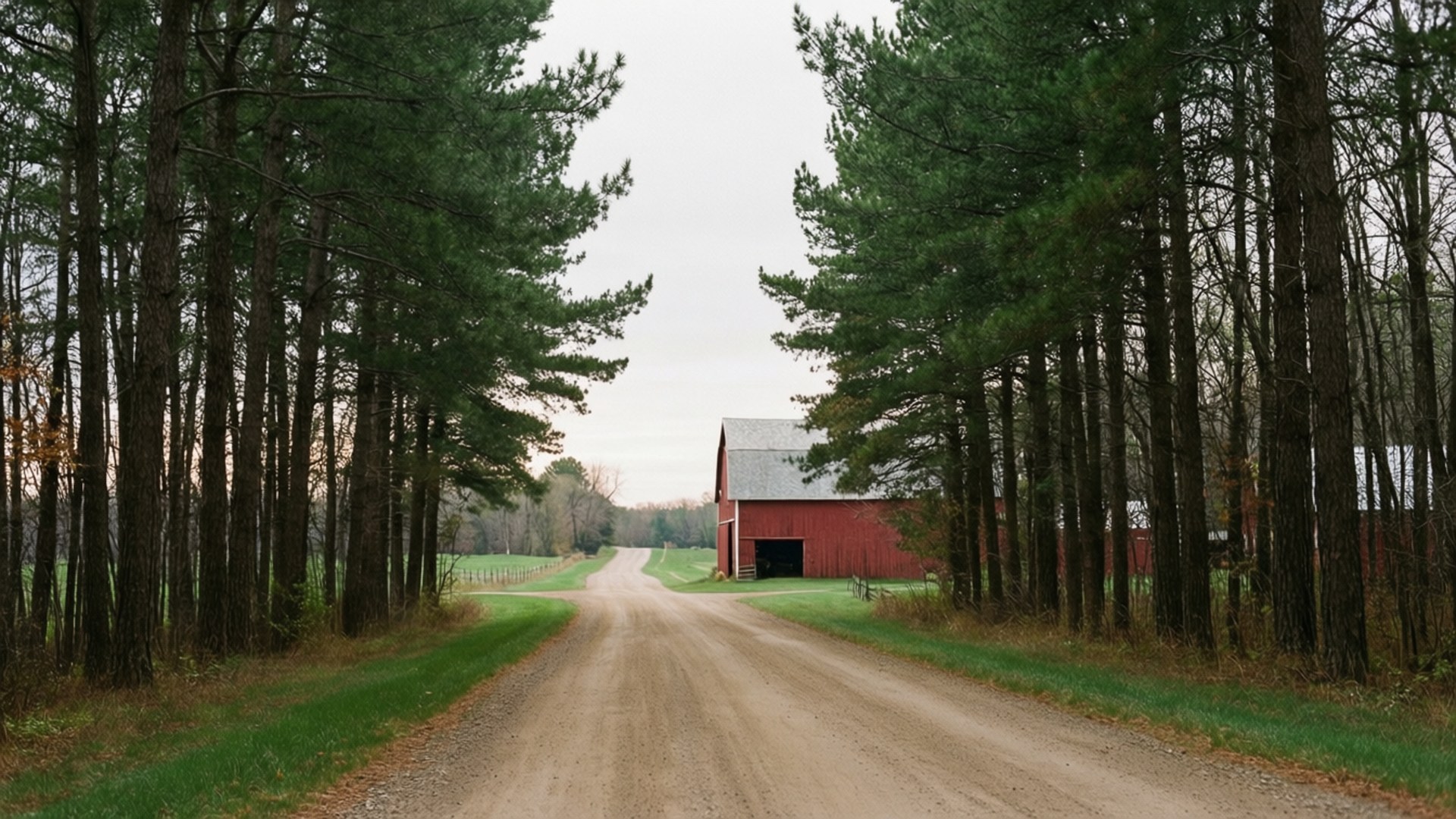 Ashland County 桌布 壁紙 — 一條兩旁種滿高大松樹的泥路，通向陰天下一間紅色穀倉。