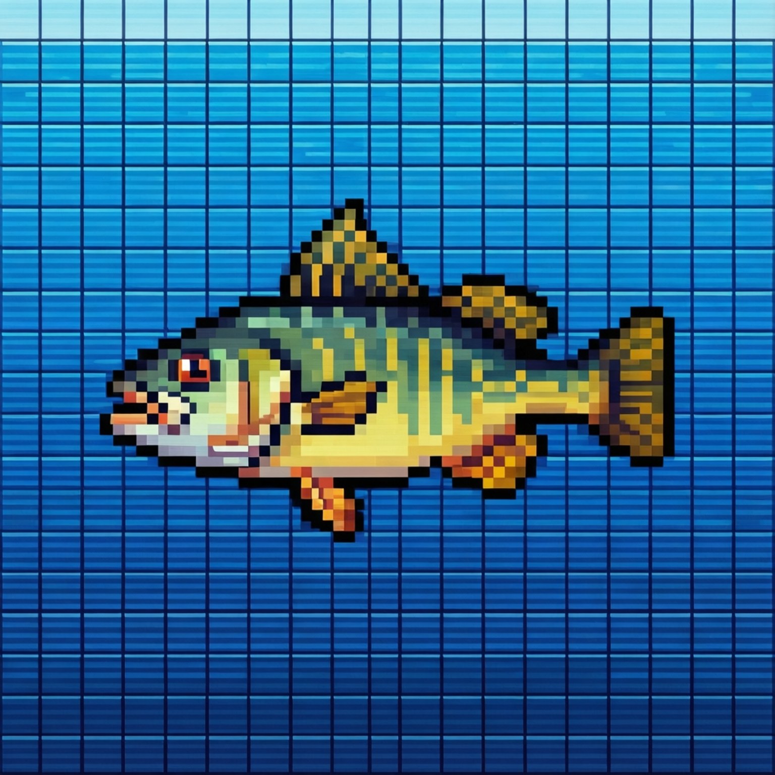 8-bit 鯛魚像素藝術 壁紙 — 一條像素魚在藍色網格背景上以復古電子遊戲風格游動。