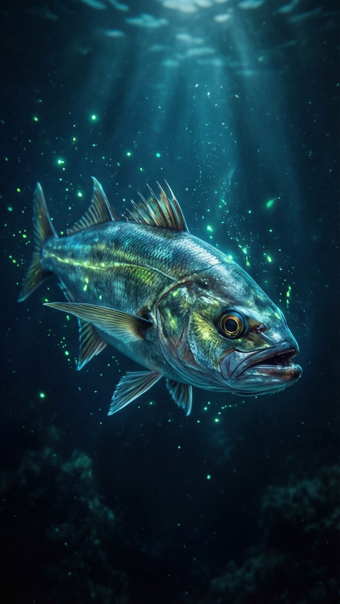 一條魚在陽光和發光粒子照亮的黑暗海水中滑行。