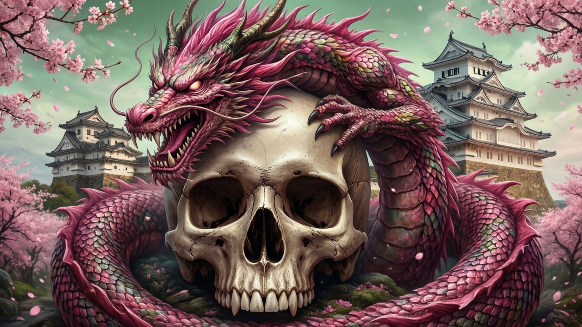 Beast and Blossoms 壁紙 — 一條鮮豔的粉紅色龍在櫻花和傳統日本城堡下纏繞著一個頭骨。