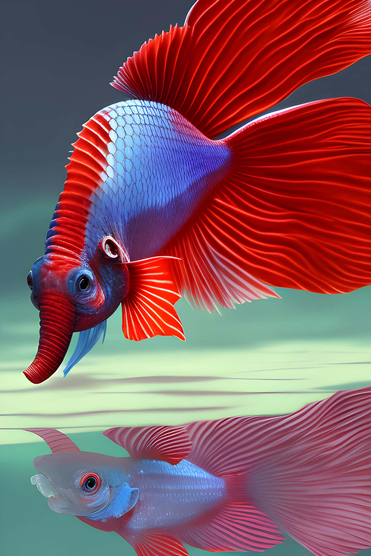  壁紙 — 一條鮮艷的紅藍色鬥魚，擺動著流暢的魚鰭，在平靜的水面上游過自己的倒影。