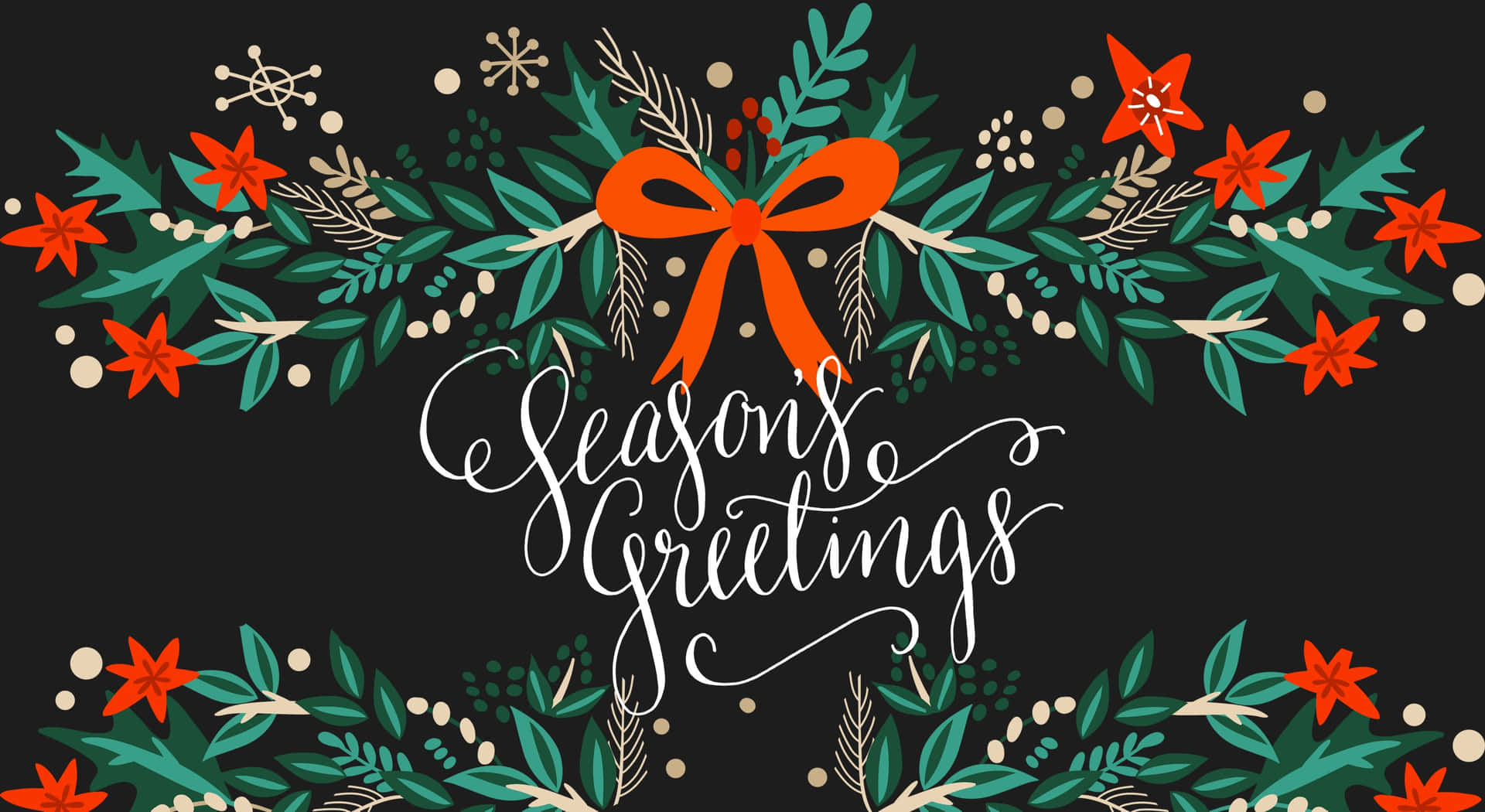節日花環，點綴著綠色植物、紅色星星和橙色蝴蝶結，並帶有「Season's Greetings」文字。