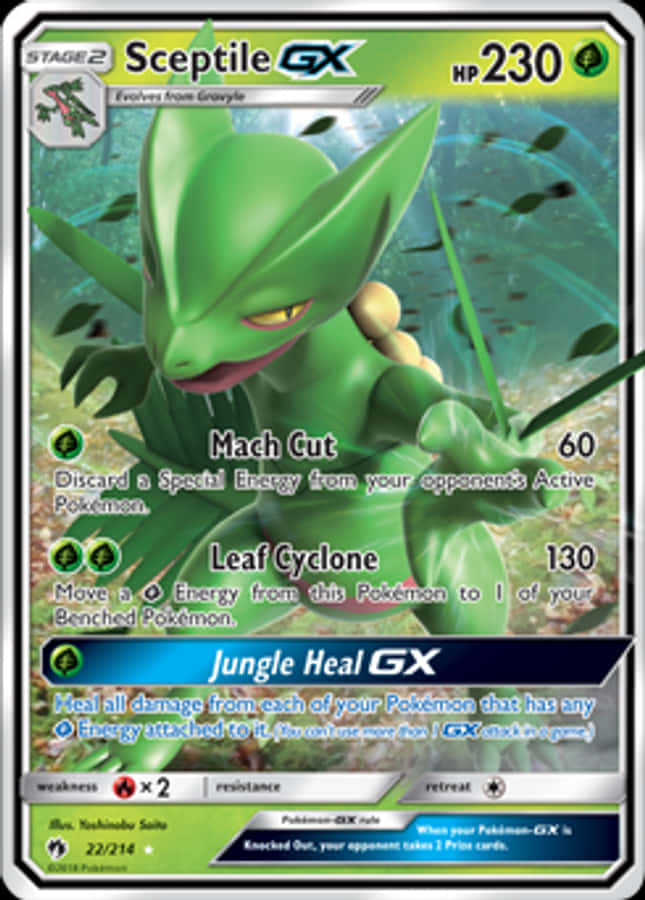 Sceptile 桌布 壁紙 — 一張充滿活力的綠色Seceptile GX寶可夢卡，帶有叢林主題藝術作品和攻擊數據。
