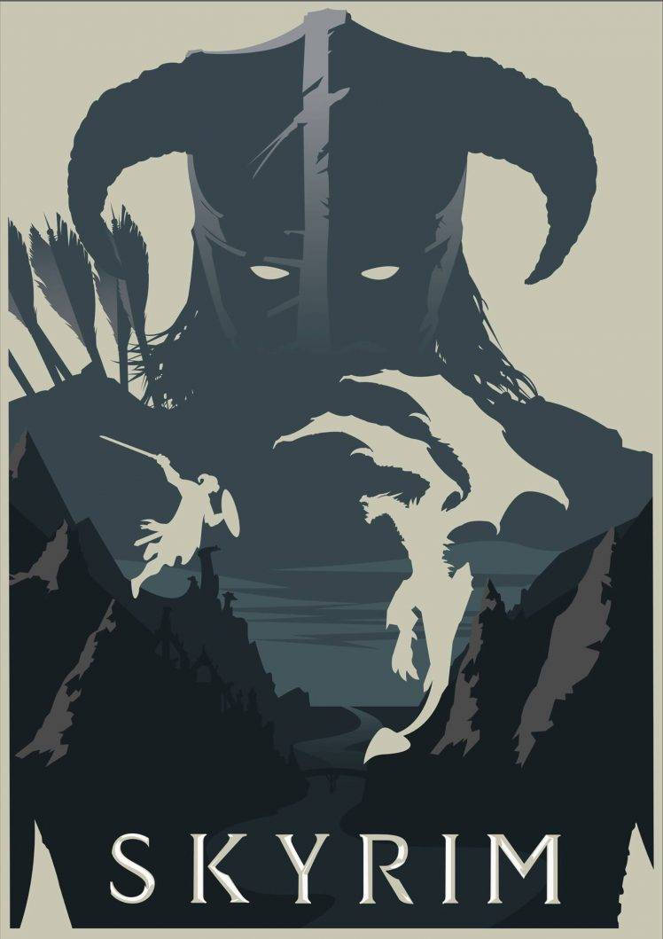 龍與戰士在群山背景下的剪影，帶有SKYRIM字樣。