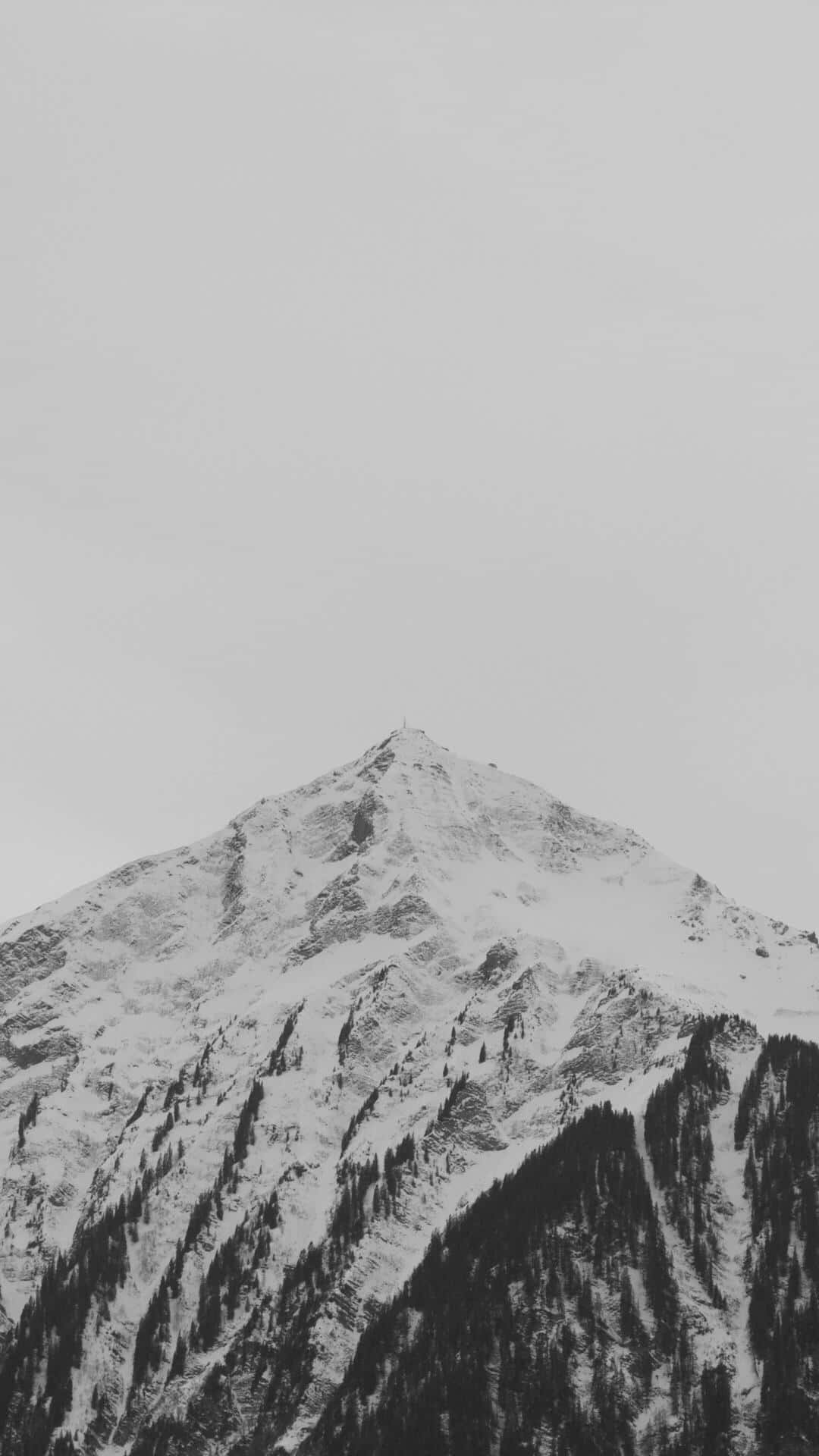  壁紙 — 一座單色的山峰在蒼白的天空下陡峭地聳立，積雪依附在崎嶇的山脊上，深色的常綠樹依附在較低的山坡上。