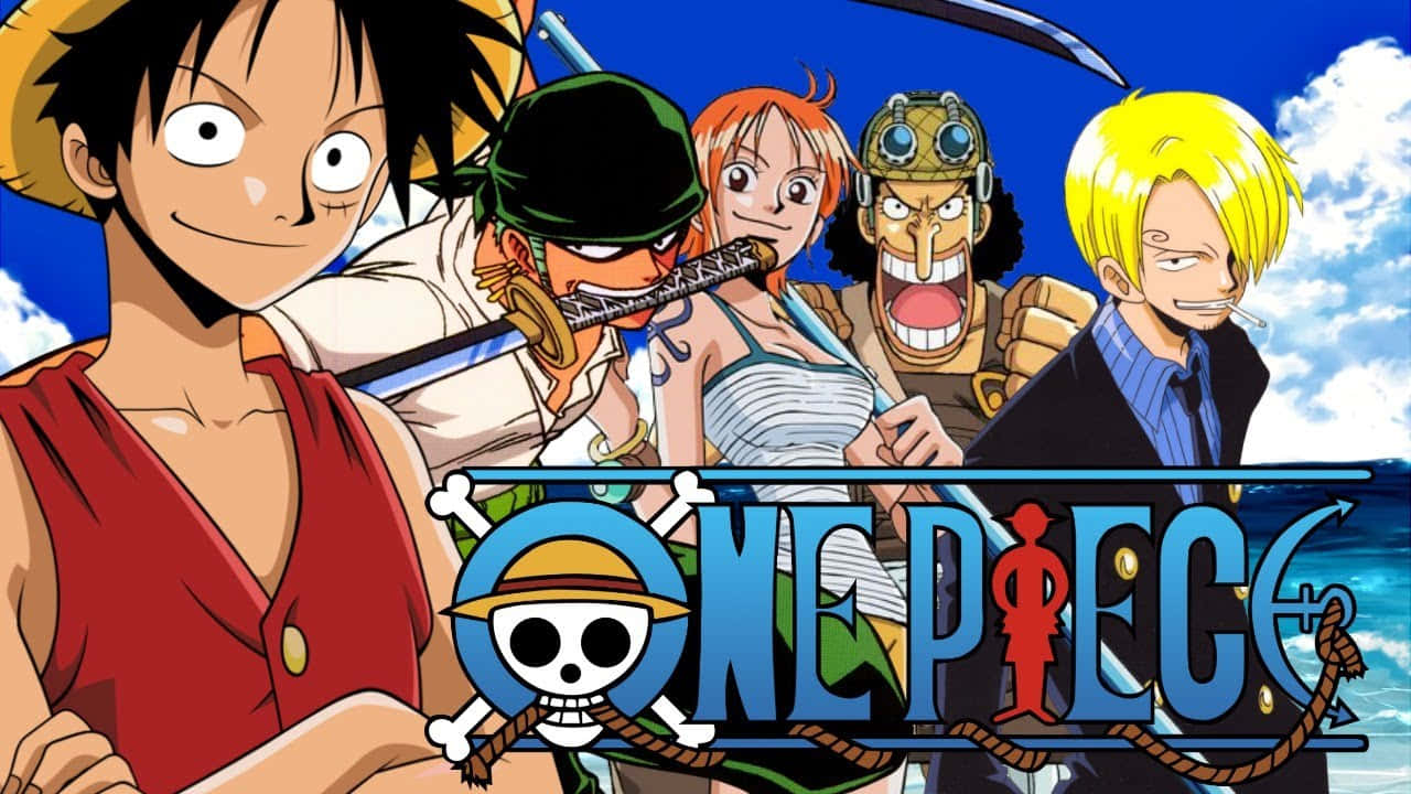 One Piece 動漫船員在海洋和天空背景下與標誌一起擺姿勢。