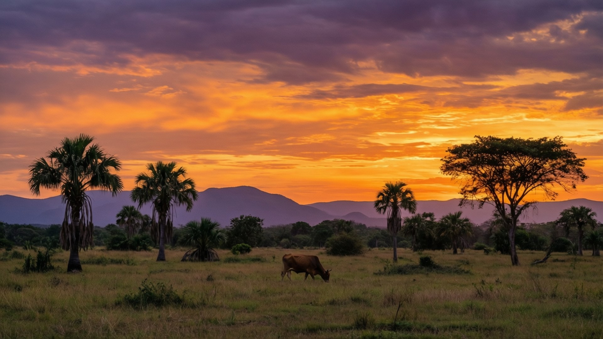 Rupununi Sunset Serenity 壁紙 — 一頭孤獨的牛在金色的稀樹草原上吃草，夕陽西下，棕櫚樹和遠山在火紅的橙色和紫色天空下形成剪影。