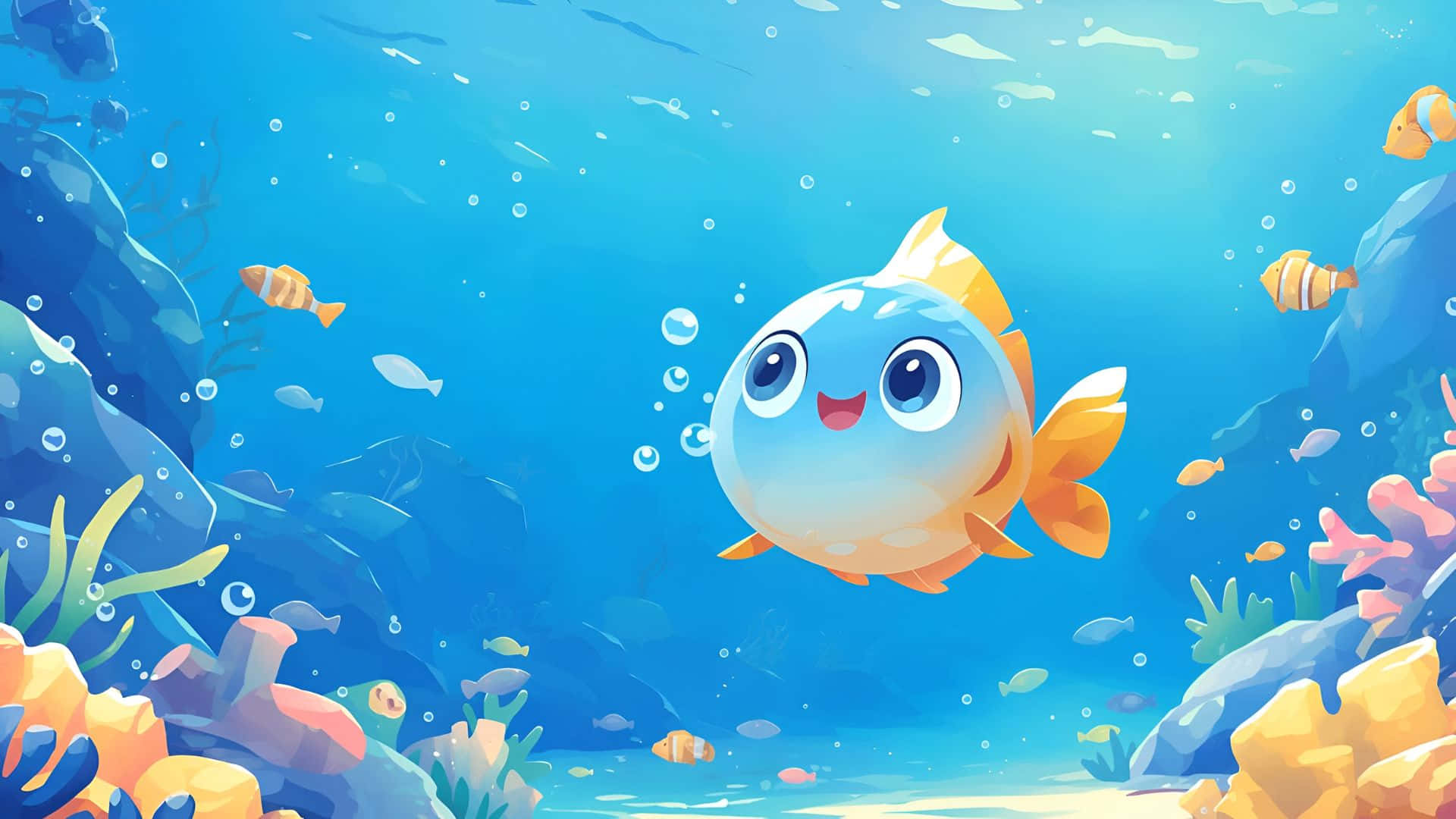  壁紙 — 一條開心的大眼睛卡通魚在陽光普照的珊瑚礁中游動，周圍有氣泡漂浮。