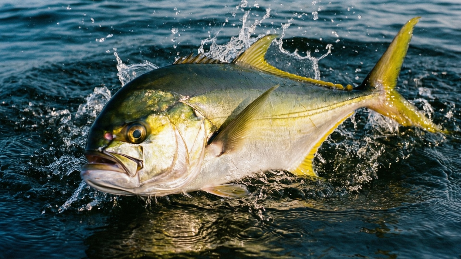 Greater Amberjack 桌布 壁紙 — 一條充滿活力的黃尾鰤從深藍色的海水中強力躍起，在其流線型身體周圍激起爆炸性的水花。