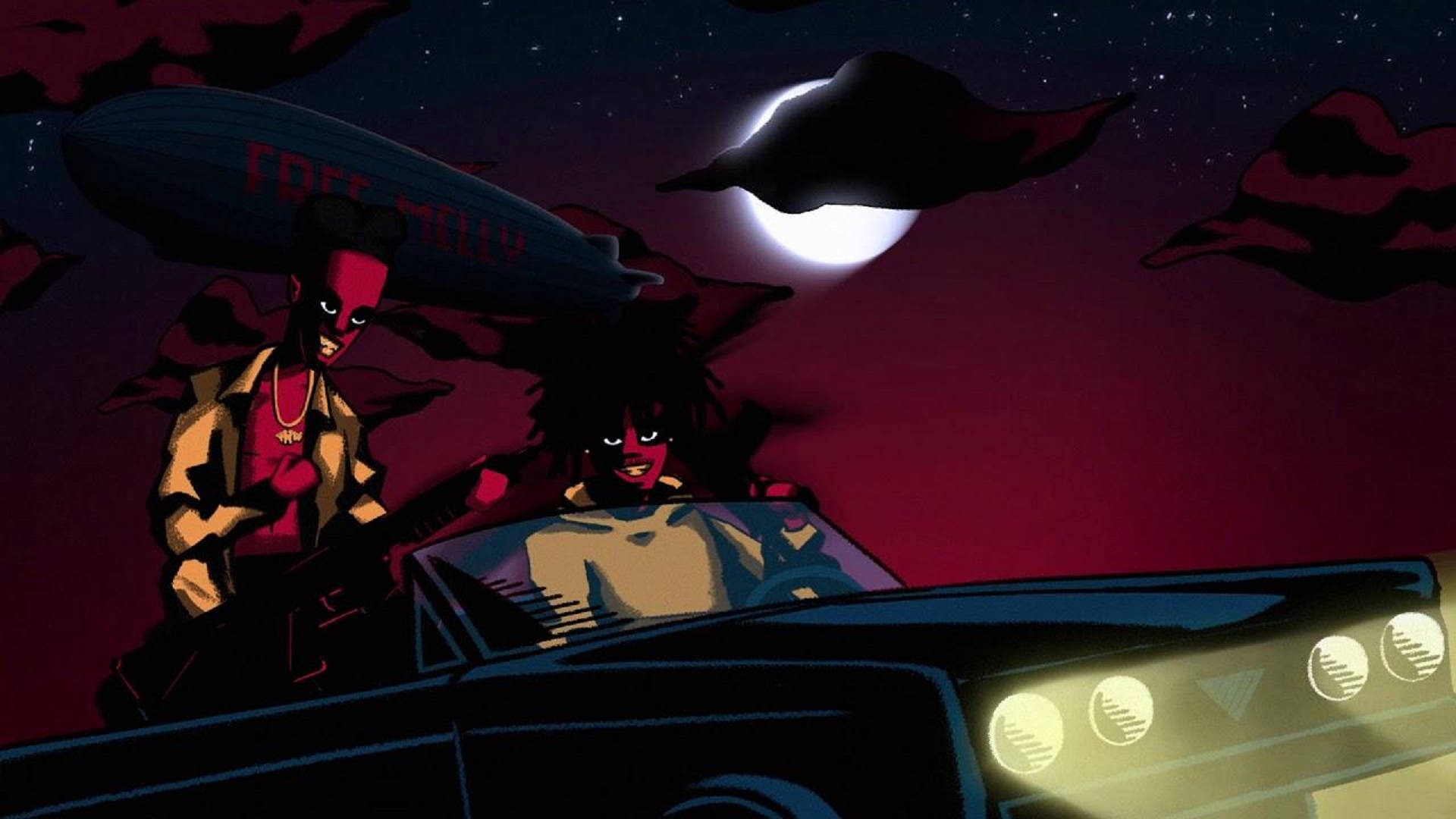 YNW Melly 223s封面 壁紙 — 兩個戴面具嘅人物喺血紅色月亮下揸住一架經典汽車，上面有飛船漂浮。
