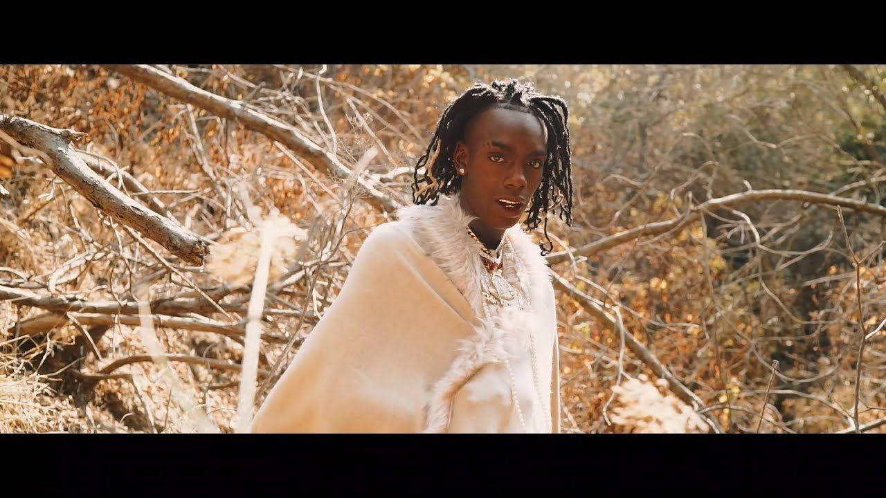YNW Melly Butter Pecan 壁紙 — 一個留著辮子的人穿著白色毛邊斗篷，站在溫暖金色光線下的乾燥秋枝中。