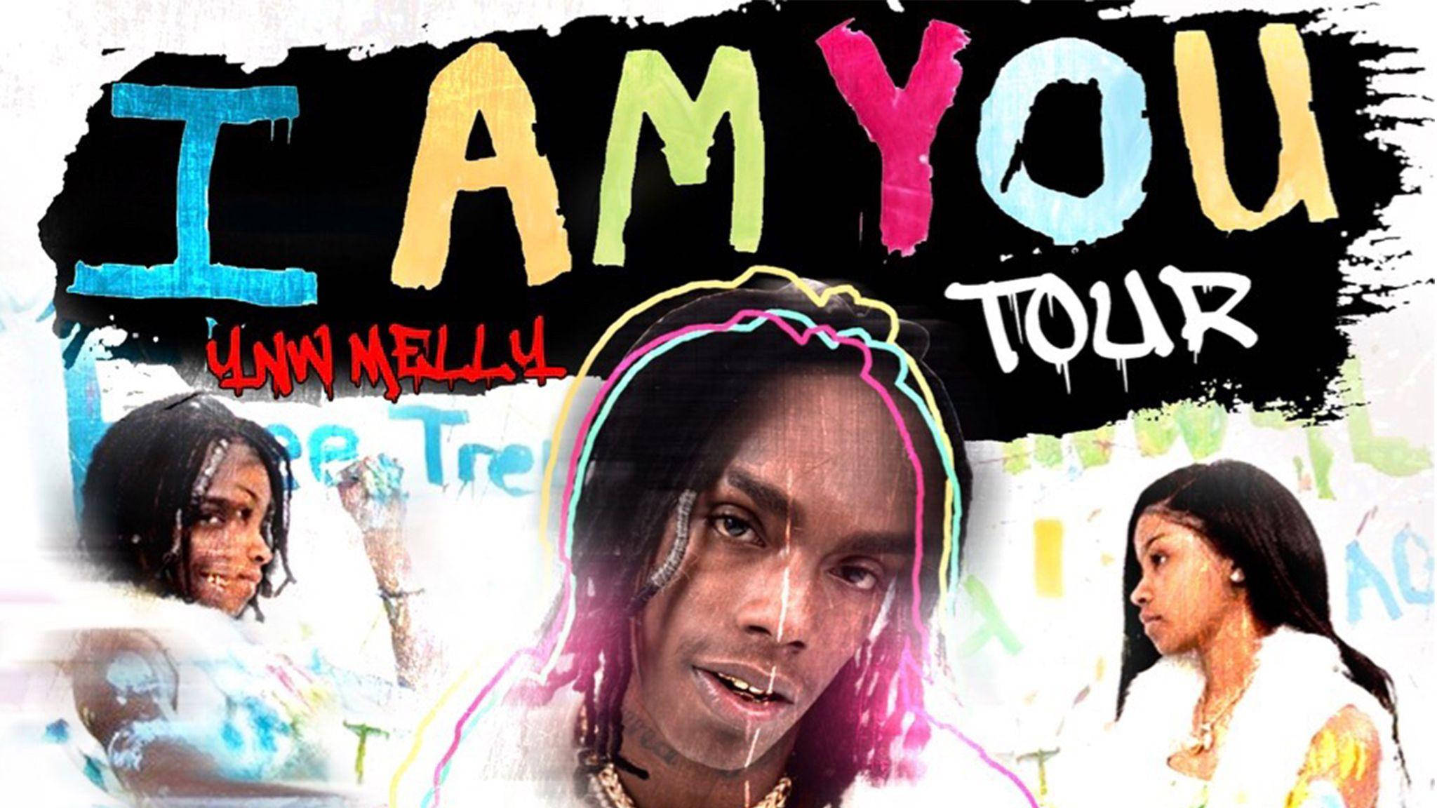 YNW Melly I Am You 巡迴演唱會 壁紙 — 為「I AM YOU TOUR」設計的充滿活力的塗鴉風格海報， featuring 三個帶有霓虹輪廓和粗體多色文字的人物。