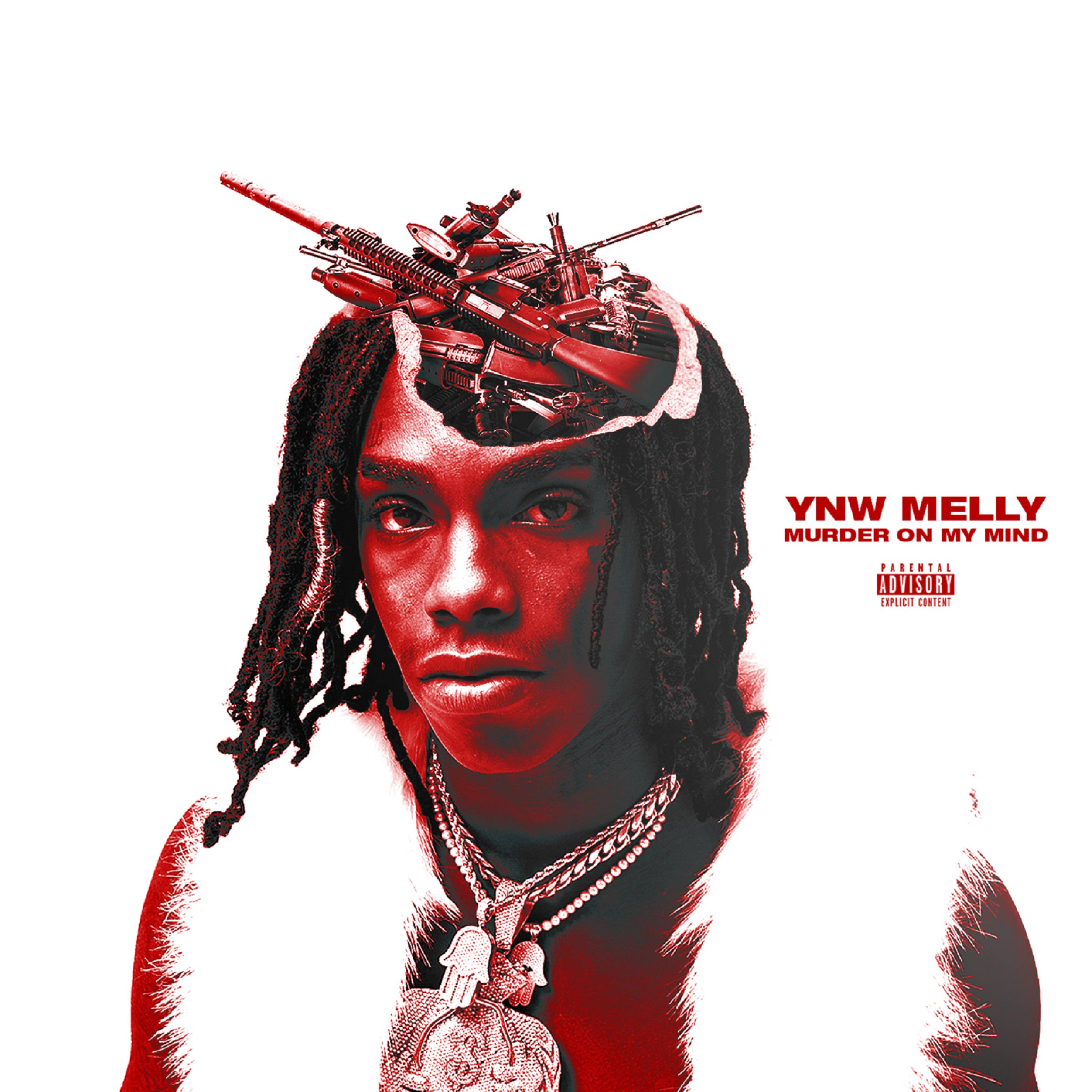 YNW Melly《Murder On My Mind》封面 壁紙 — 一幅紅色調的YNW Melly肖像，槍械從他的頭部噴出，背景為純白色。