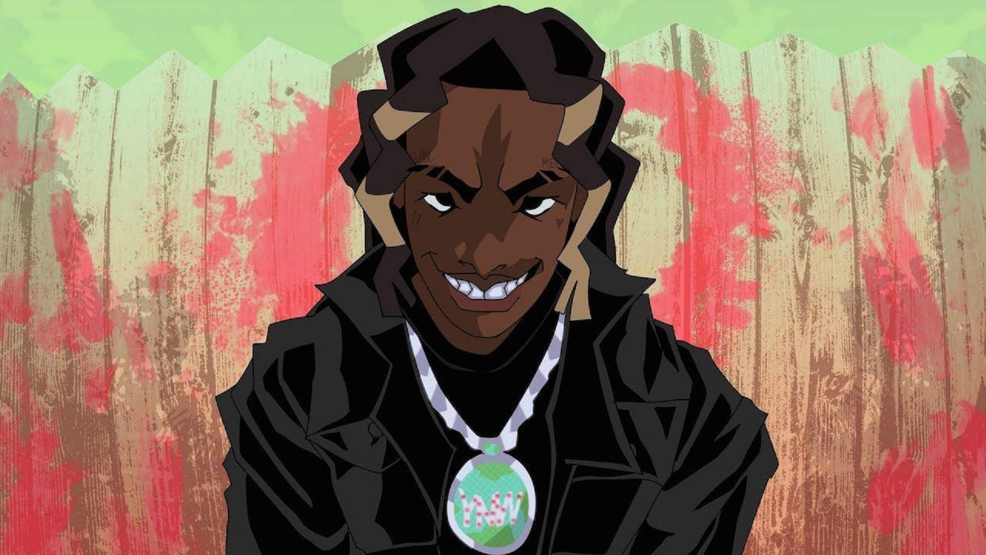 YNW Melly《Suicidal》MV封面 壁紙 — 一個風格化的動漫角色，梳著辮子，露出大膽的笑容，站在一個濺滿紅色油漆的風化木柵欄前。
