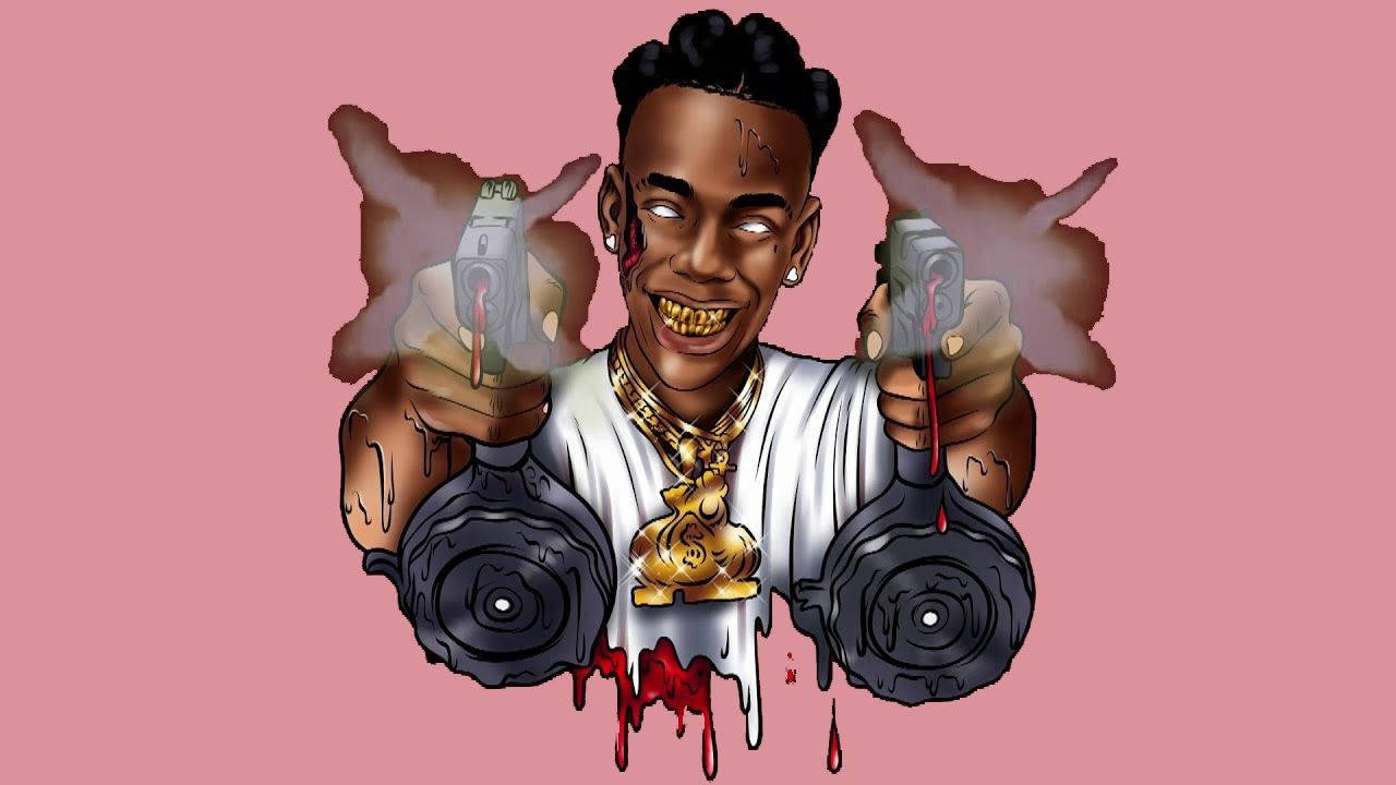 YNW Melly 卡通風格 壁紙 — 一個卡通風格的男人，戴著金牙和鏈條，手持兩把滴血的槍，背景是粉紅色。