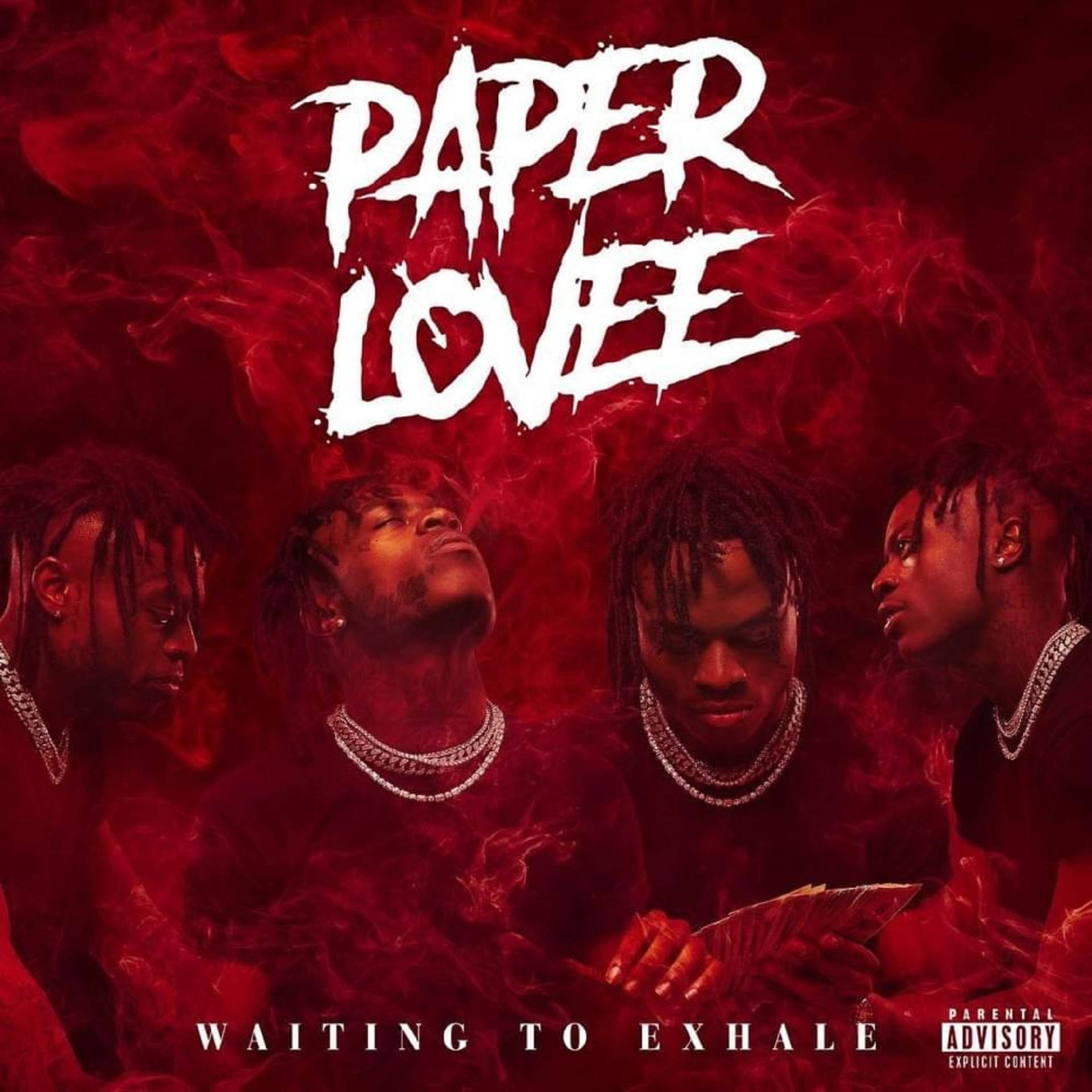 YNW Melly 與 Paper Lovee《I'm Rollin》封面 壁紙 — 四個留著辮子頭、戴著鑽石鏈的男人，在旋轉的紅色煙霧背景上，用粗體白色文字凝視著。