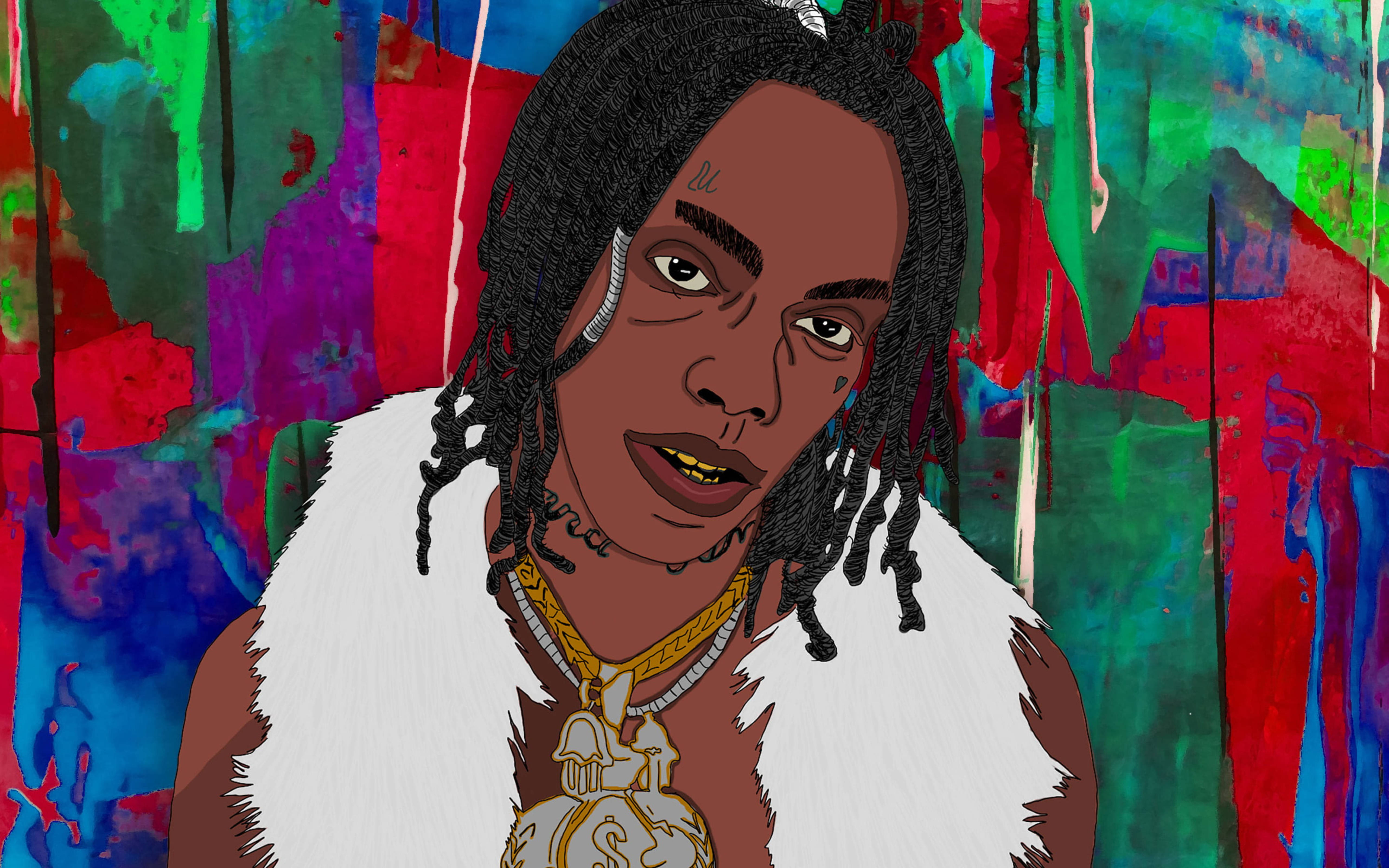 YNW Melly 與迷幻風格藝術 壁紙 — 一個風格化的數碼肖像，人物編織頭髮，穿著白色毛領和黃金首飾，背景是充滿活力的抽象圖案。