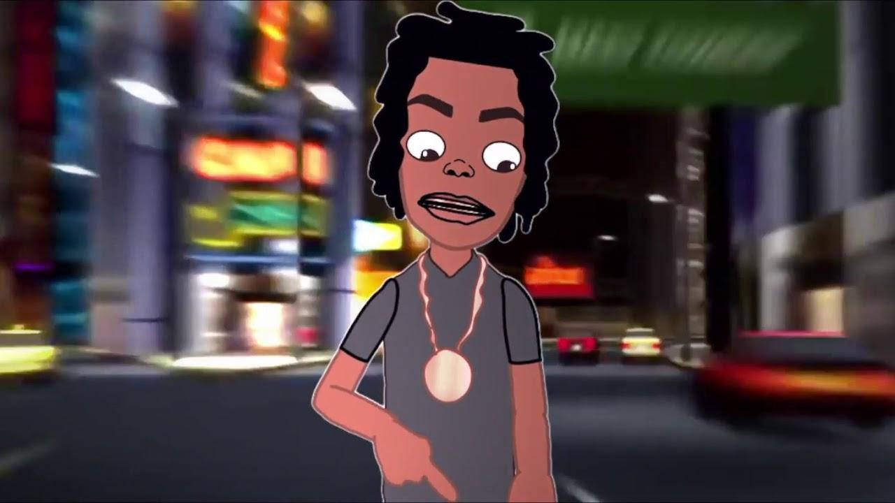 YNW Melly 酷炫卡通 壁紙 — 一個卡通角色，捲髮戴金鏈，夜晚站在霓虹燈照亮的城市街道上，向前指。