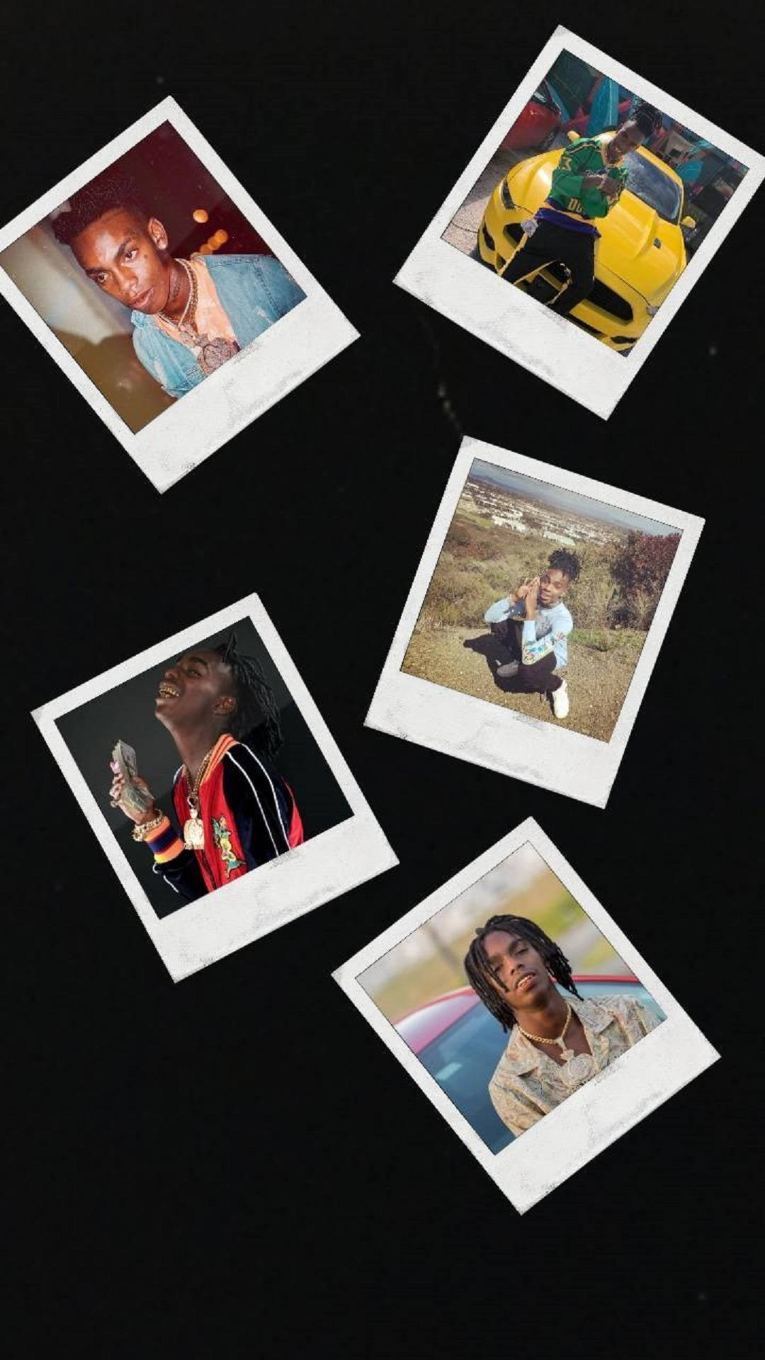 YNW Melly復古美學 壁紙 — 五張寶麗來照片，展示一位年輕男子以不同姿勢和服裝散落在黑色背景上。
