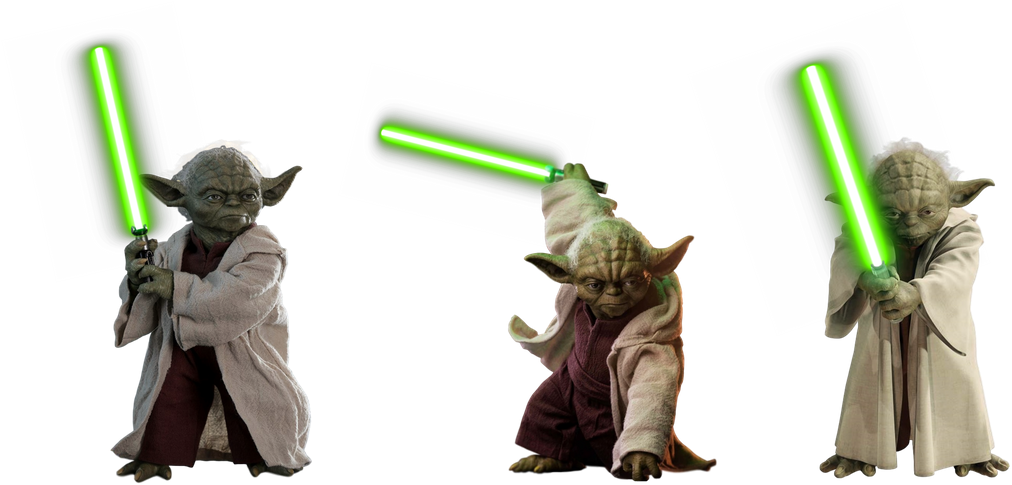 三種持光劍的 Yoda 姿勢 壁紙 — 三個姿勢的尤達，在黑色背景上揮舞綠色光劍。