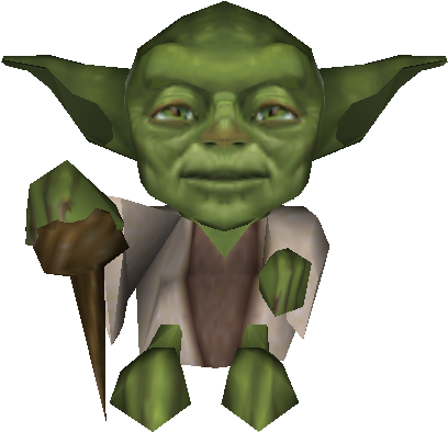 Yoda 3D 模型 壁紙 — 一個綠色皮膚、大耳朵、手持長杖的尤達角色，在黑色背景前以低多邊形3D風格呈現。