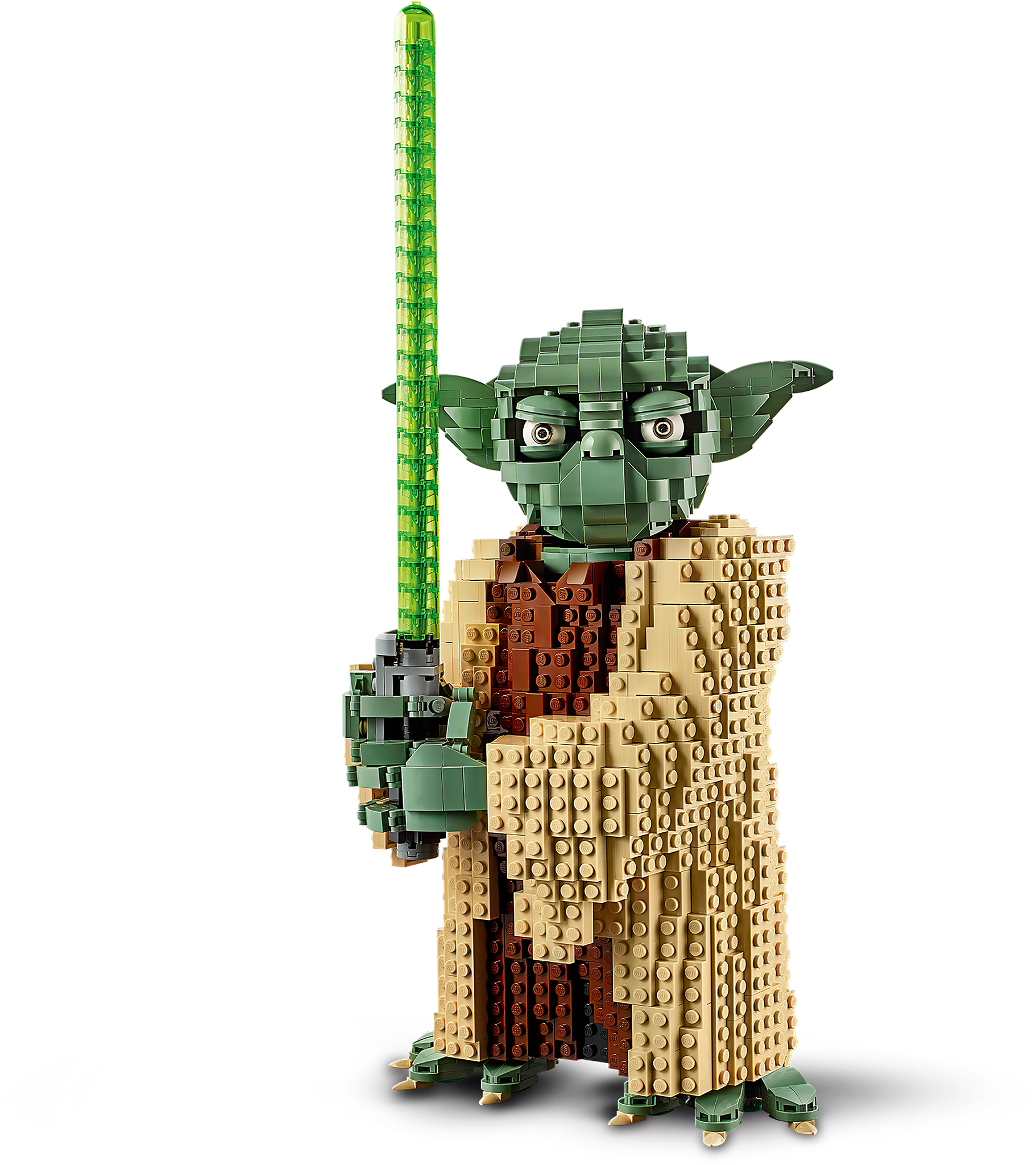 樂高Yoda持光劍 壁紙 — 一個精細的LEGO星際大戰尤達人偶站在明亮的窗戶背景下，手持綠色光劍。