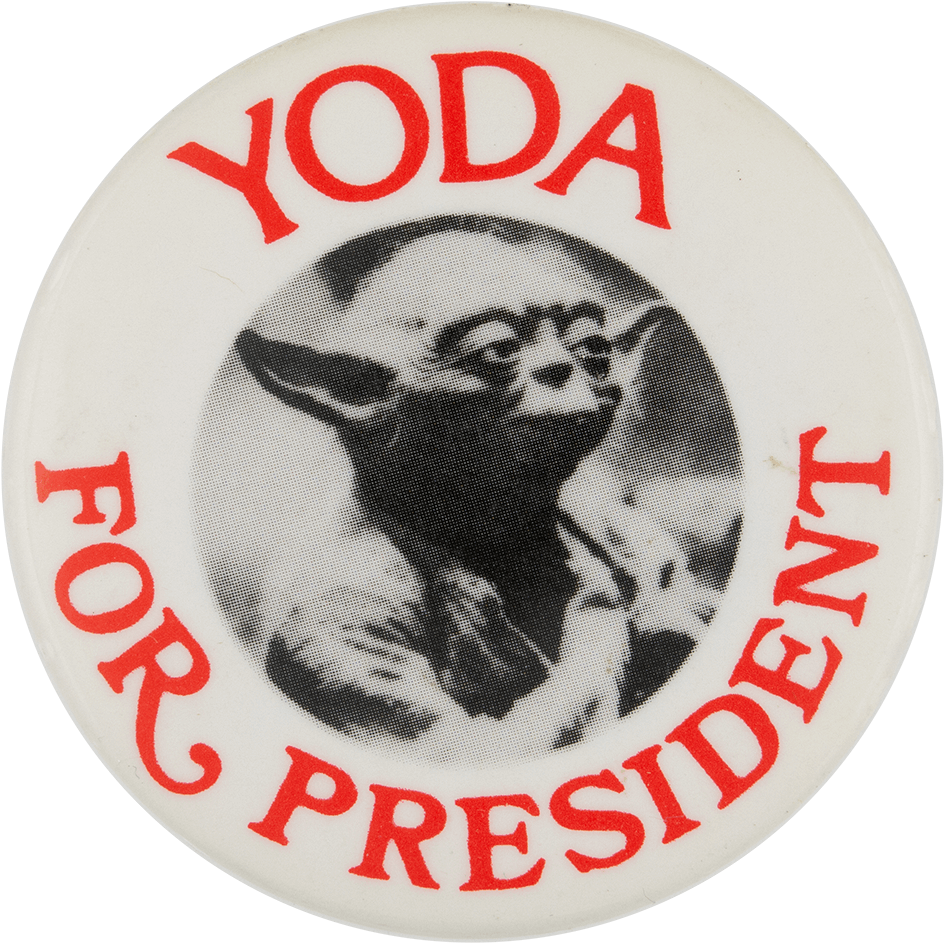 Yoda 為總統 按鈕 壁紙 — 一個復古風格的圓形徽章，邊緣有尤達的黑白照片和紅色文字「YODA FOR PRESIDENT」。