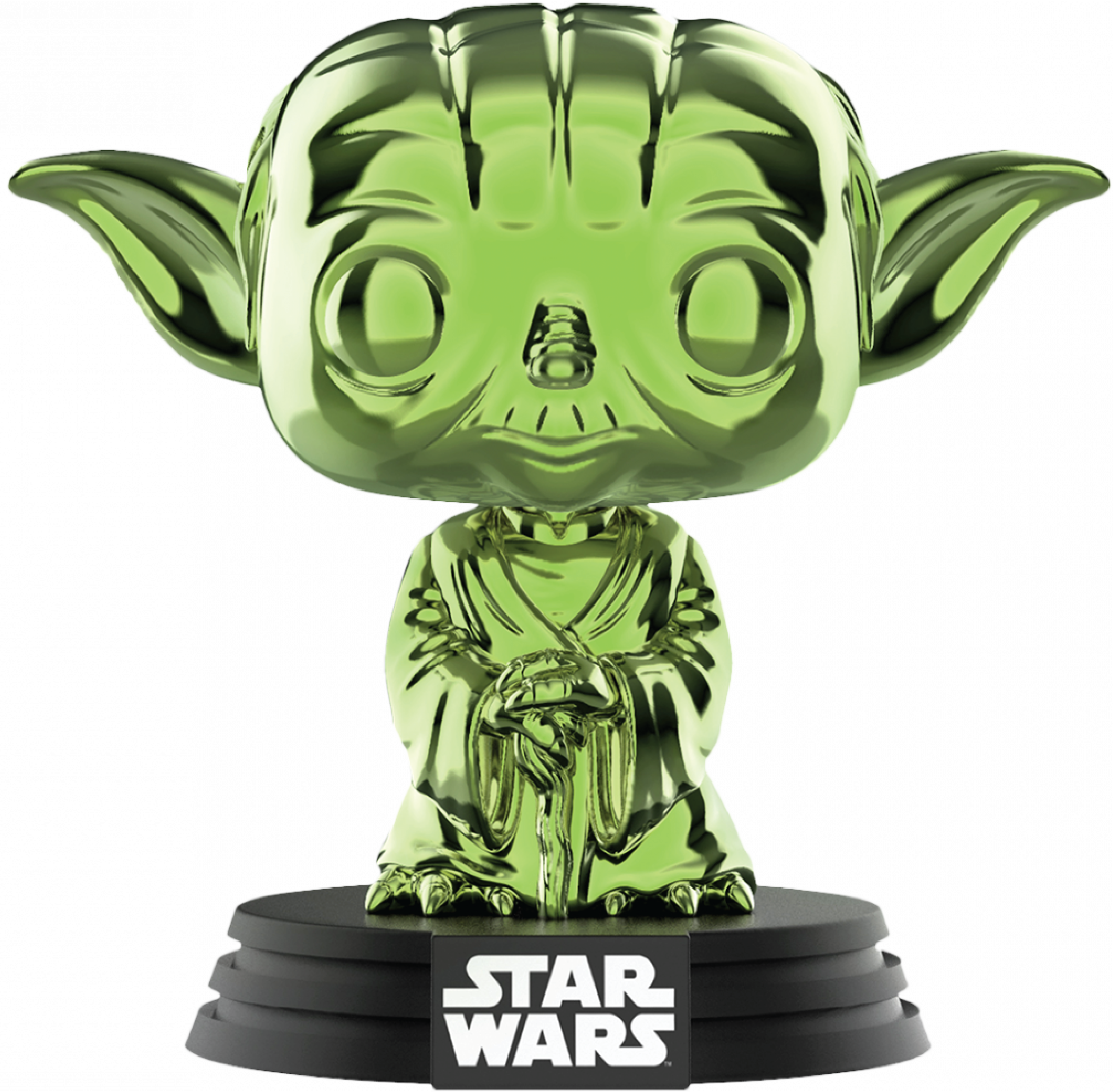 綠色 Yoda Funko Pop 人偶 壁紙 — 一個閃亮的綠色鉻合金尤達 Funko Pop 公仔坐在黑色 Star Wars 底座上，背景是帶紋理的銀色背景。