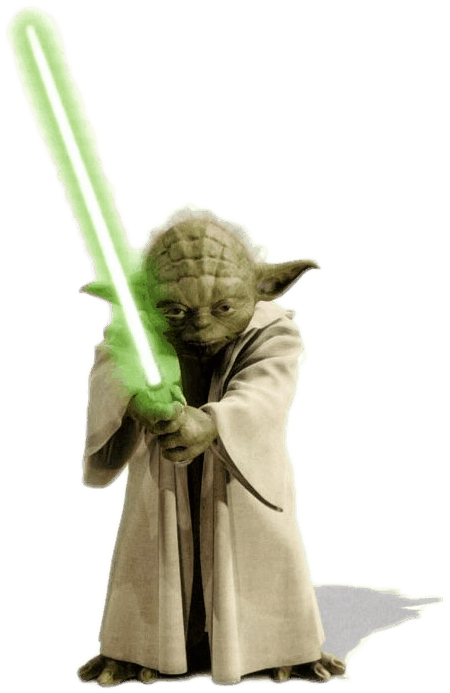 Yoda 大師持光劍 壁紙 — 尤達以戰鬥姿態站立，手持發光的綠色光劍，背景為純黑色。