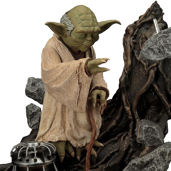 Yoda 大師使用原力 壁紙 — 尤達穿著長袍，在岩石和機械人身旁手持法杖的詳細3D渲染圖。