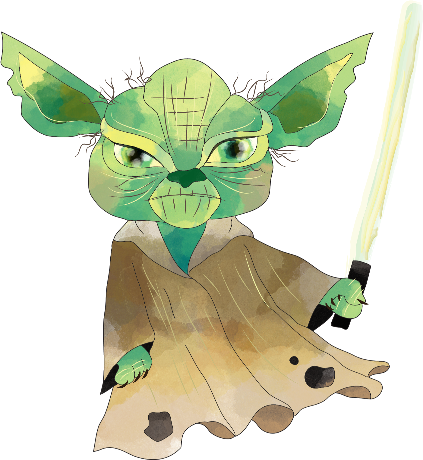 Yoda 持光劍插畫 壁紙 — 一幅水彩風格的尤達插圖，眼睛發光，手持光劍，背景為黑色。