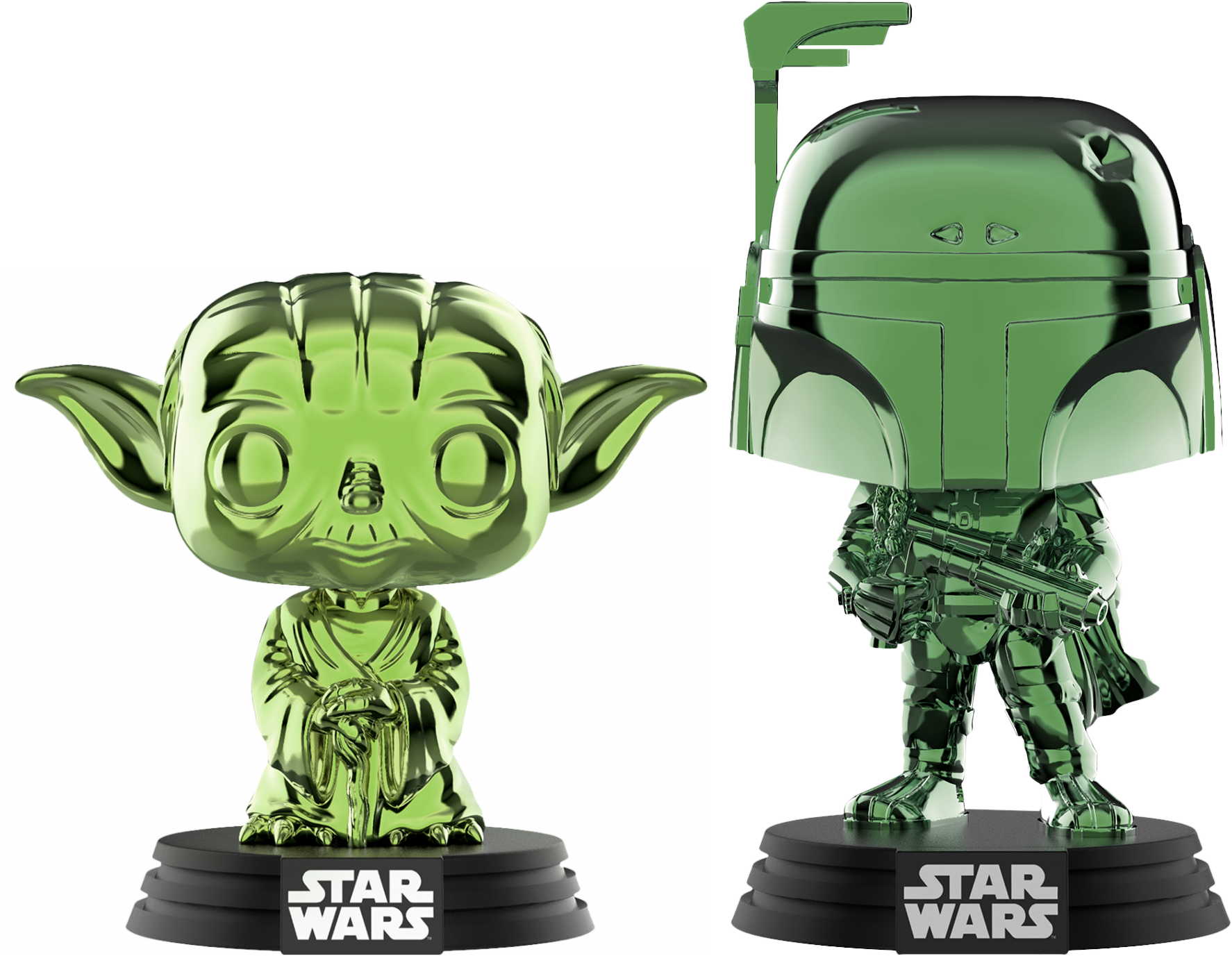 星際大戰Yoda與Boba Fett Funko Pop人偶 壁紙 — 兩個閃亮的綠色鉻合金星際大戰Funko Pop公仔尤達和波巴·費特並排站在黑色底座上，背景是 stark 黑色。