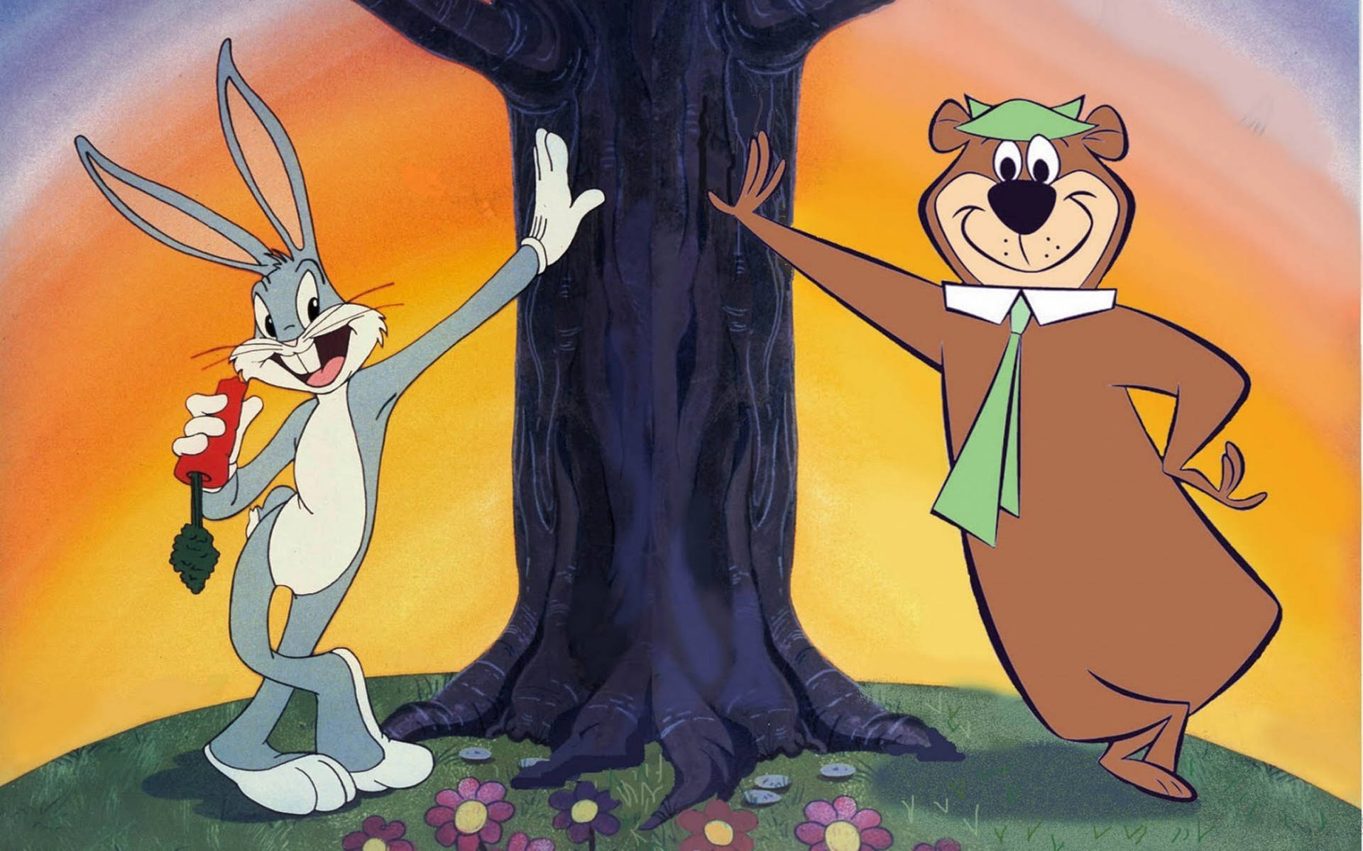 Yogi Bear 與 Bugs Bunny 壁紙 — 賓尼兔和一隻熊以卡通風格愉快地站在一棵有彩色花朵的樹旁，背景是溫暖的日落天空。
