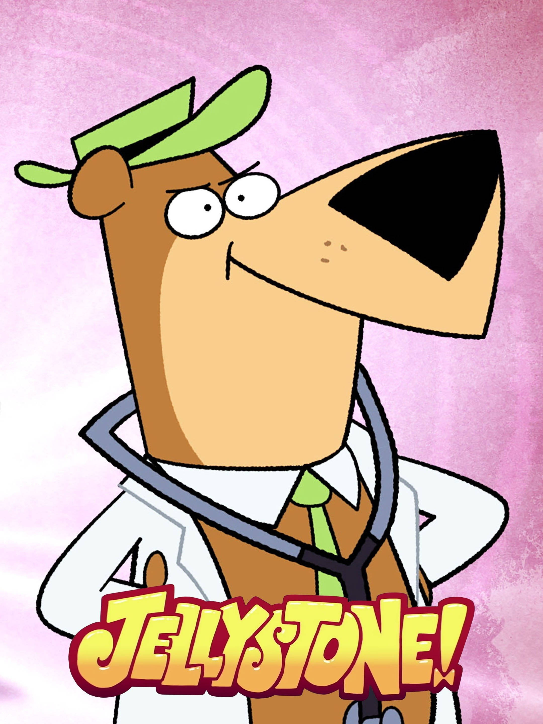 Yogi Bear Jellystone 2021 壁紙 — 一隻卡通狗穿著醫生袍和綠色帽子，在柔和的粉紅色背景上自信地微笑，標題為 Jellystone！