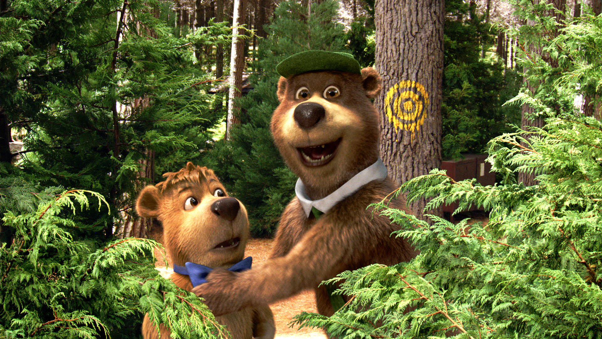 Yogi Bear 偷派計畫 壁紙 — 兩隻開心嘅動畫熊喺森林入面，其中一隻戴住綠色帽同蝴蝶結，喺蕨類植物後面偷望。