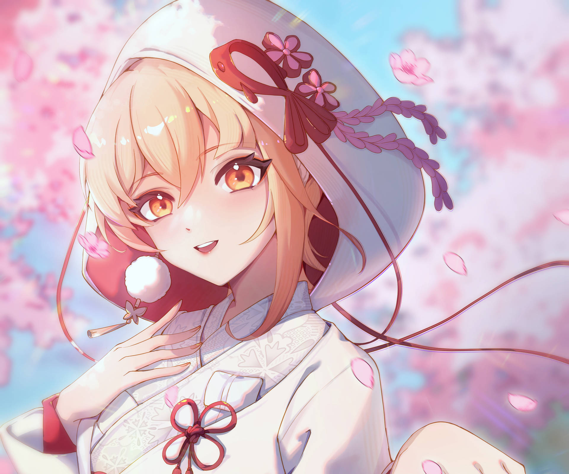 身穿白色和服和帽子的動漫女孩在飄落的櫻花下微笑。