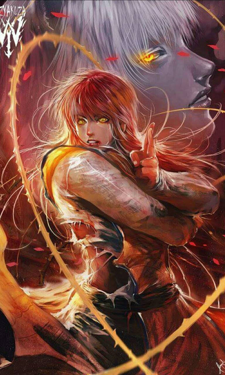 Yoko Kurama 兩種形態 漫畫藝術 壁紙 — 一位擁有火紅頭髮和發光黃色眼睛的兇猛戰士，以動態的動漫戰鬥姿勢引導能量。