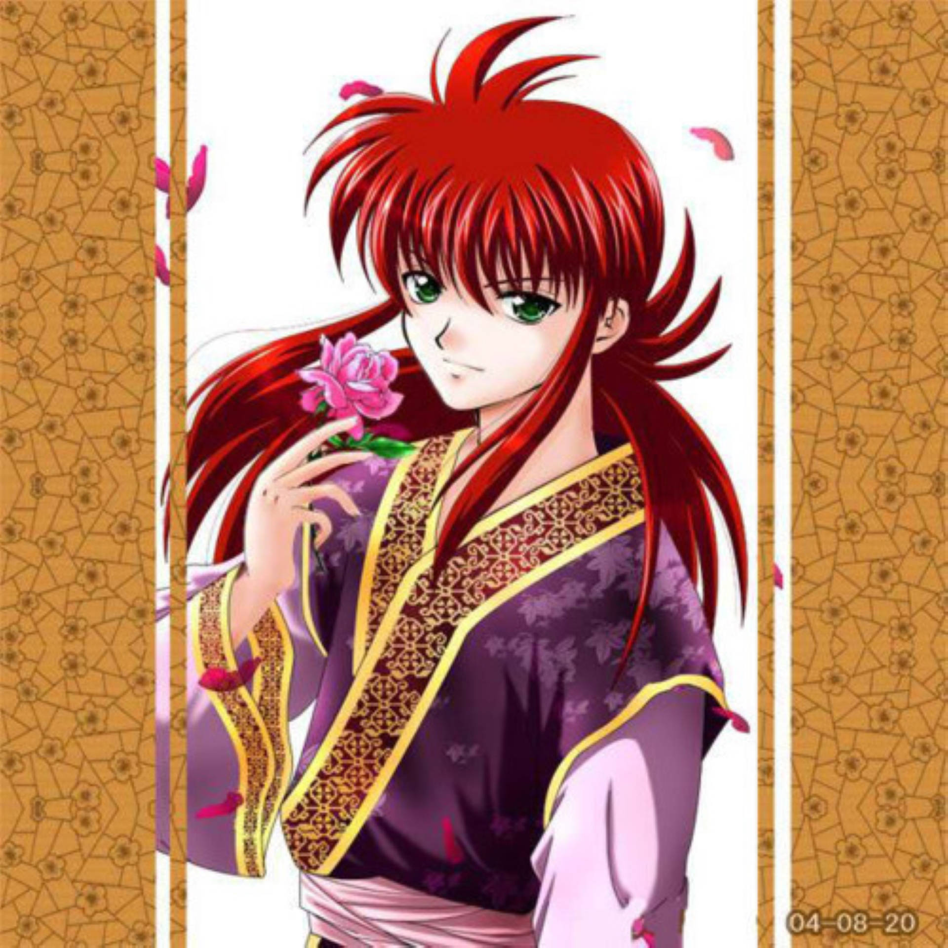 Yoko Kurama 穿和服 壁紙 — 一個紅髮動漫角色穿著紫色和服，在金色圖案背景上拿著一朵粉紅玫瑰。