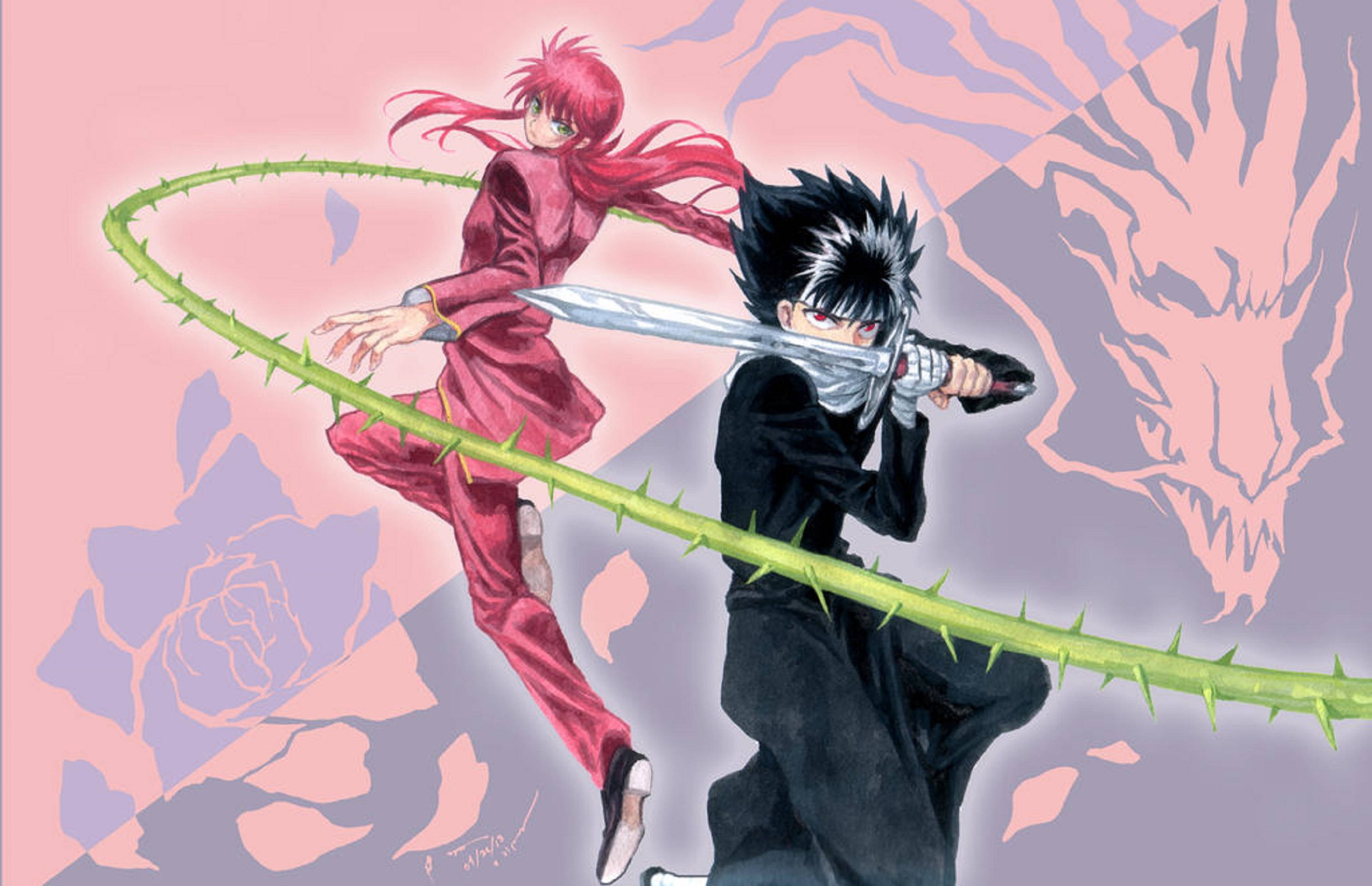Yoko Kurama 與 Hiei 對戰姿勢 壁紙 — 兩個動漫角色在粉紅和紫色龍背景下用劍和荊棘藤交鋒。