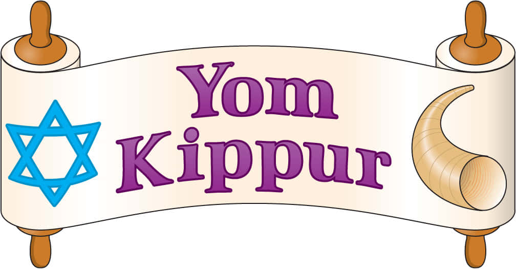  壁紙 — 一個卡通風格的卷軸顯示紫色文字 'Yom Kippur'，兩側有藍色大衛之星和木製羊角號。