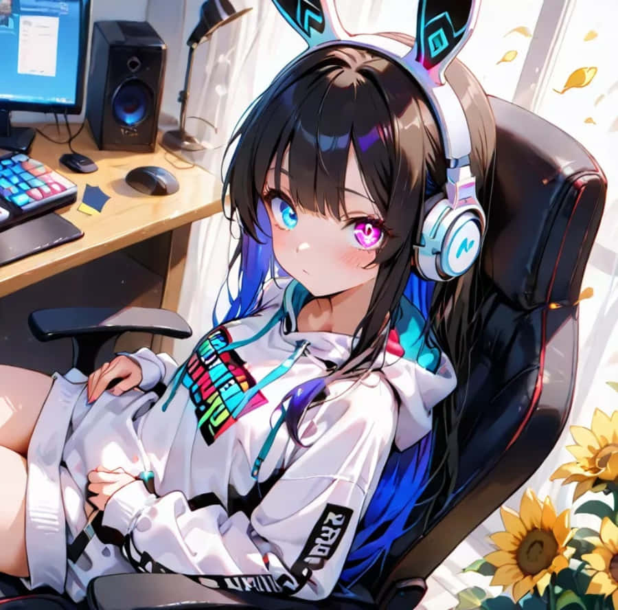  壁紙 — 擁有發光眼睛和兔耳朵的動漫女孩坐在遊戲椅上，旁邊有向日葵和電腦設置。