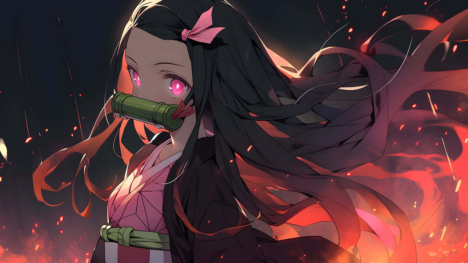  壁紙 — 擁有粉紅色眼睛和竹製吹嘴的動漫女孩，在黑暗背景下站在熾熱的紅色火花之中。