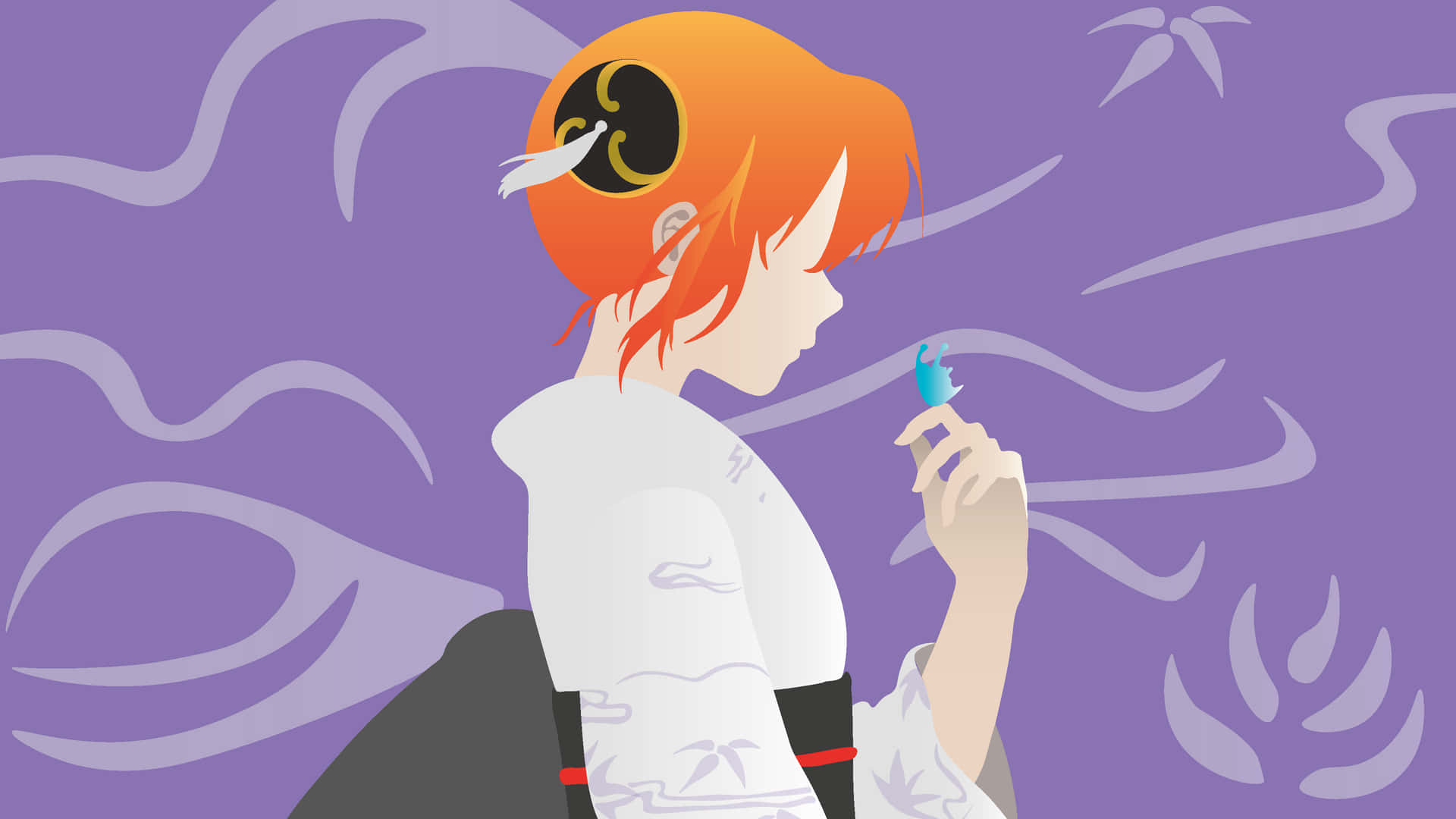  壁紙 — 擁有橙色頭髮和傳統服飾的動漫女孩，在旋轉的紫色背景前拿著一個藍色物體。