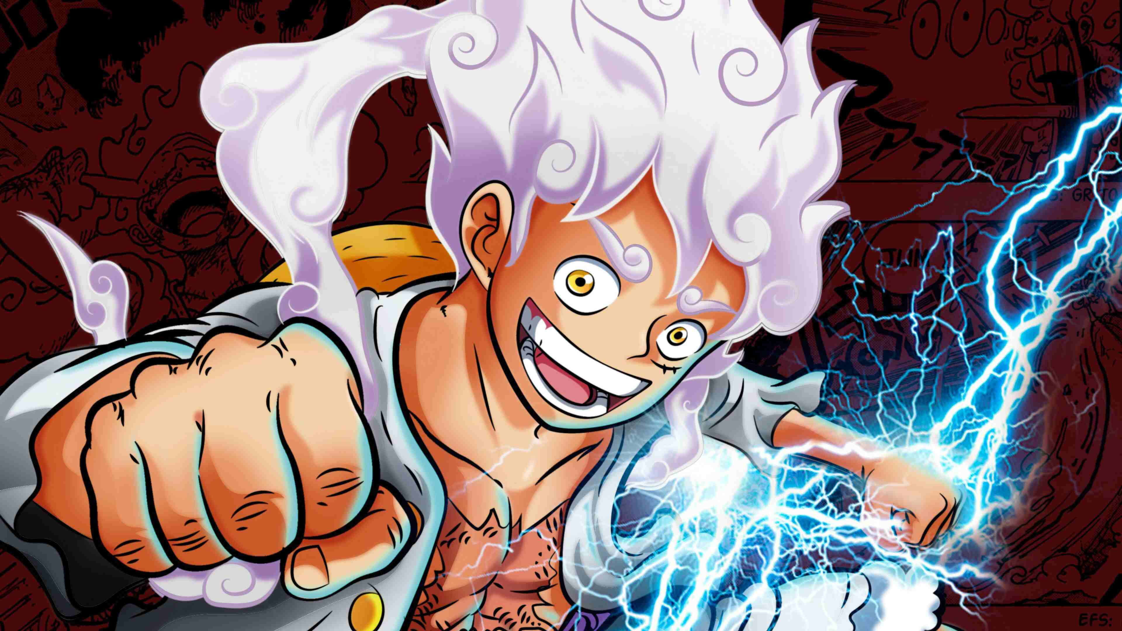 Luffy Gear 5 iPhone 桌布 壁紙 — 擁有狂野白髮和發光眼睛的動漫角色，在深紅色背景前從拳頭釋放藍色閃電。