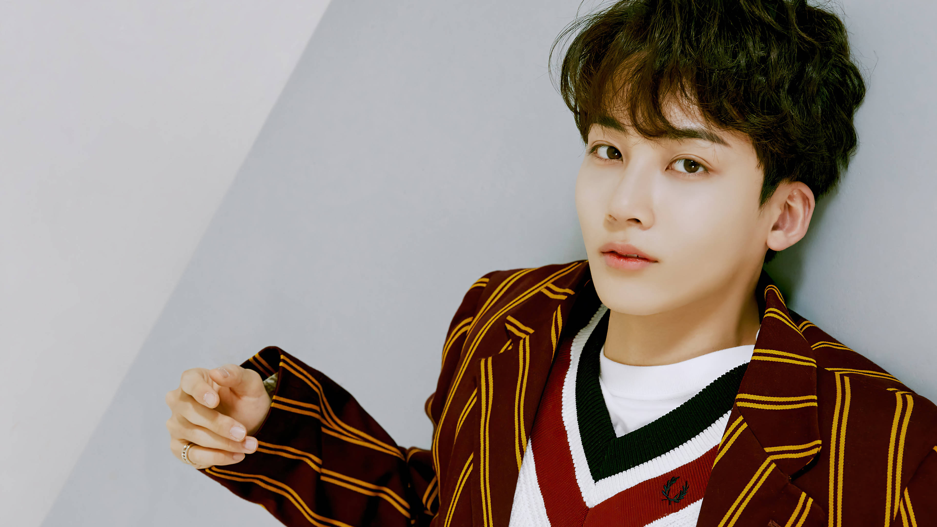 Yoon Jeonghan Semicolon 專輯 壁紙 — 一位深色頭髮的年輕男士穿著栗色和金色條紋西裝外套，內搭V領毛衣，背景為簡約灰色。