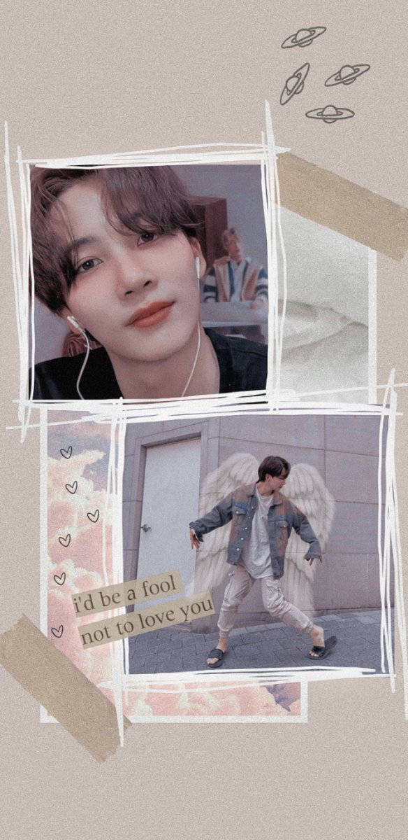 Yoon Jeonghan 漫畫風拼貼 壁紙 — 一個年輕男子的照片和天使翅膀的拼貼畫，用膠帶和心形框在米色背景上。