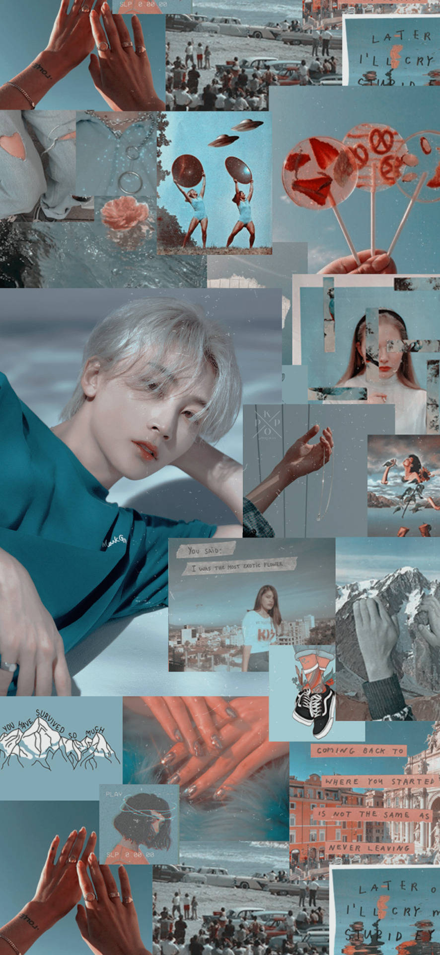 Yoon Jeonghan 藍色美學拼貼 壁紙 — 一幅以青綠色和珊瑚色調的圖像拼貼畫，中央有肖像、手、海灘場景和手寫筆記，呈現夢幻美學。